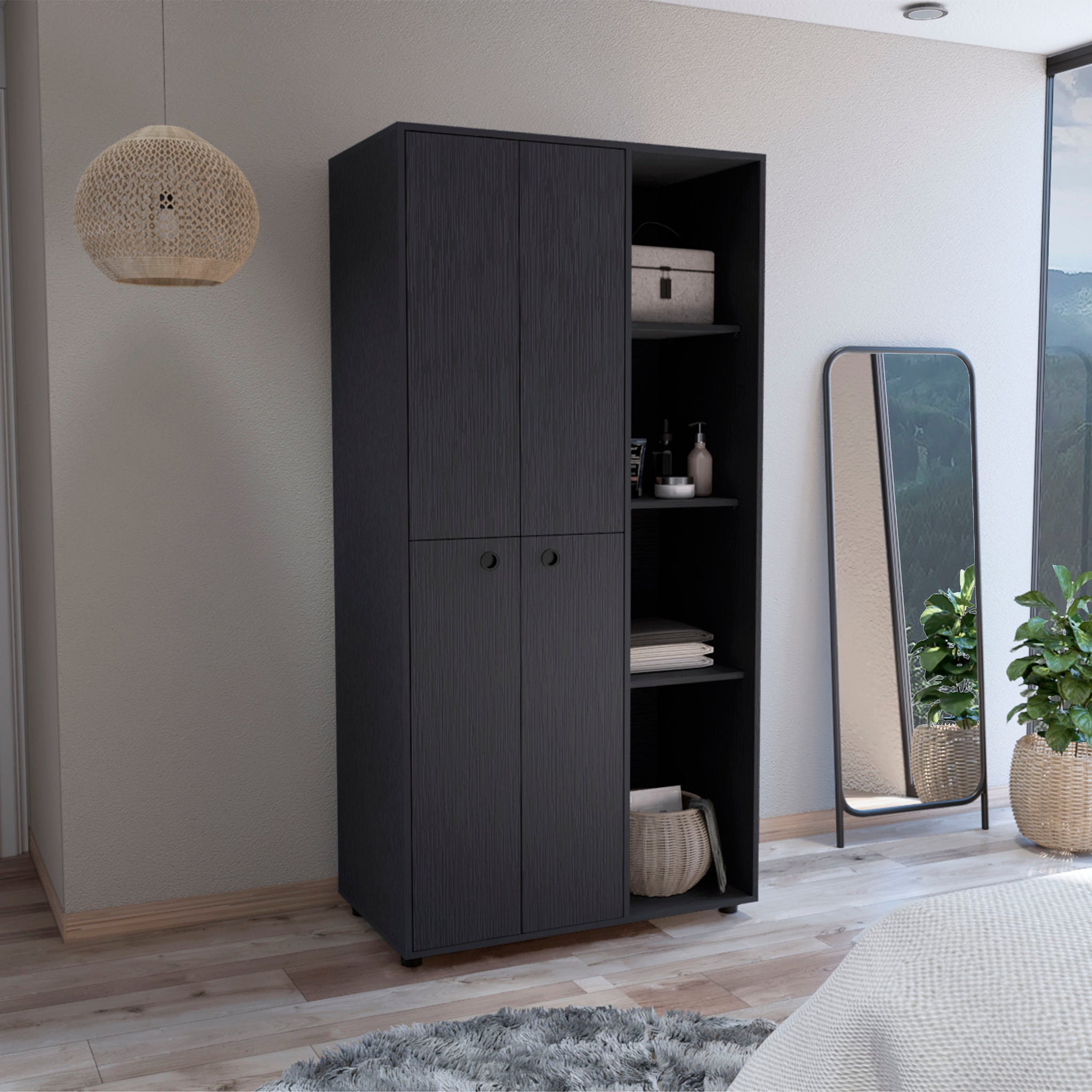 Misuri Wardrobe Armoire With Double Door, Drawer, Hanging Rodss, And Open Shelves Black Black Particle Board