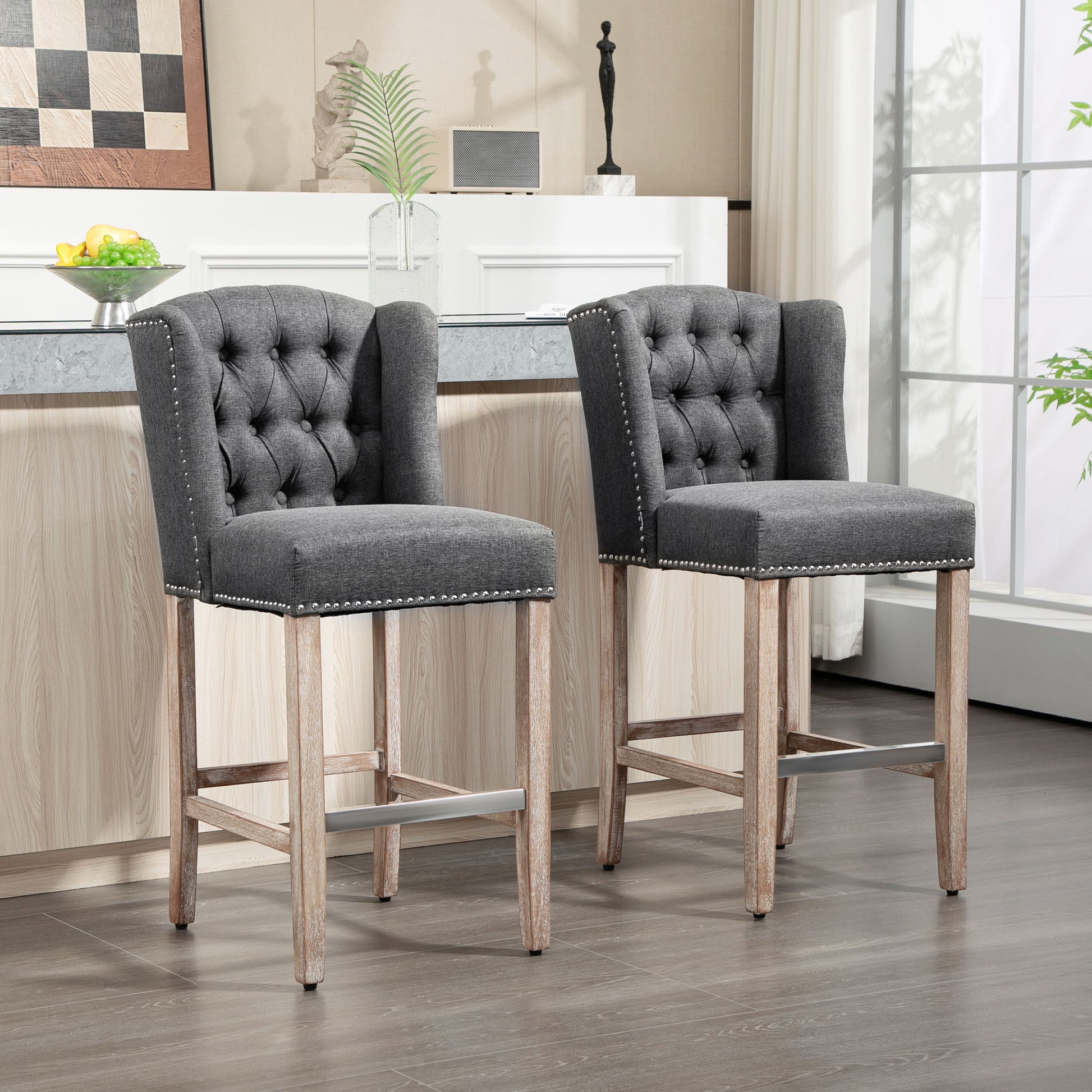 Homcom Counter Height Bar Stools Set Of 2, 27" Seat Height Upholstered Barstools, Farmhouse Kitchen Island Stools With Trim, Tufted Back And Wooden Legs, Dark Gray Dark Gray Polyester