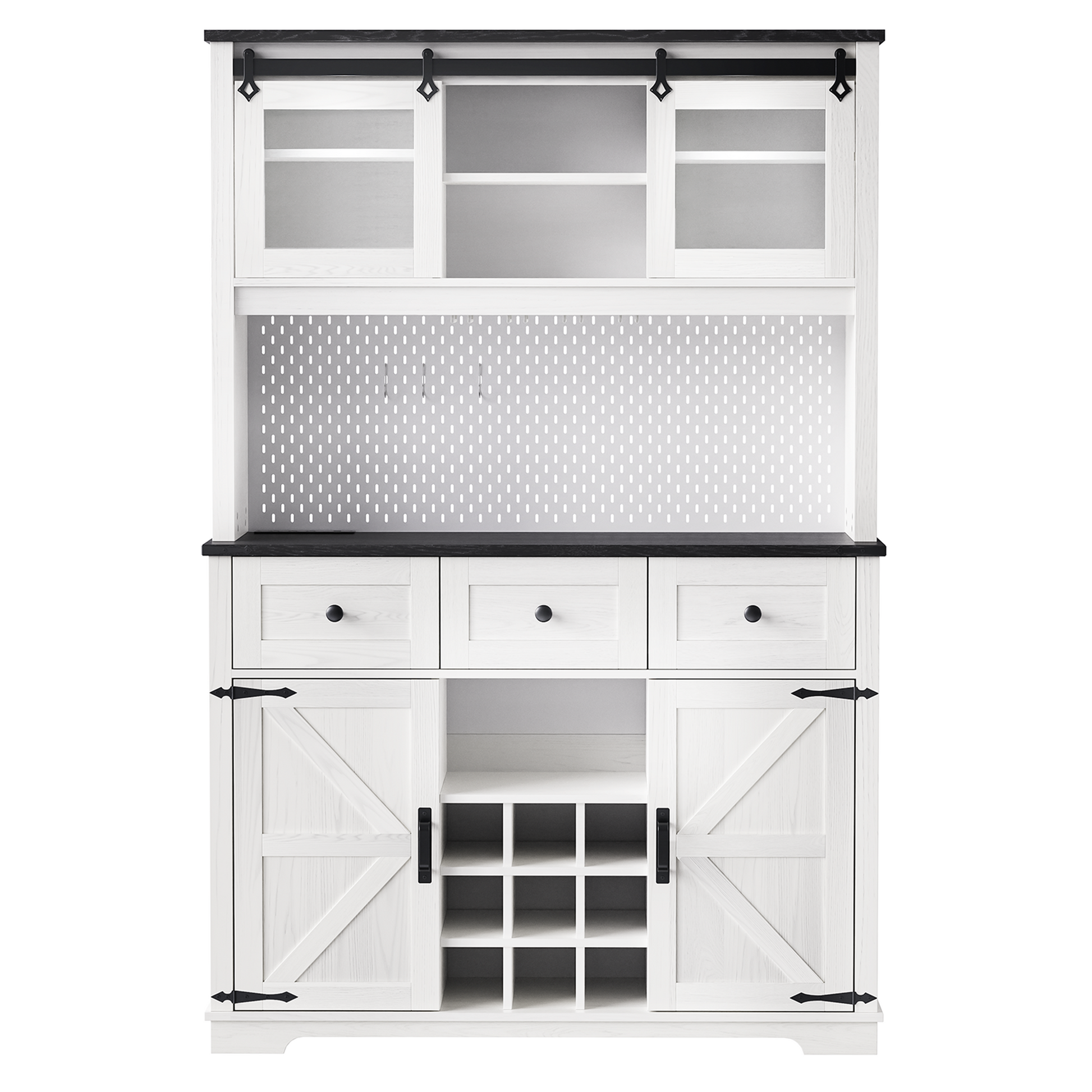 K&K 71" Farmhosue Pantry Bar Cabinet With Internal Storage Rack,Kitchen Cabinet With Hutch,Sliding Door,Power Outlet,Pegboard,Wine & Glasses Rack,3 Drawers,Rustic Coffee Bar Storage Cabinet,White Oak White Oak White Kitchen American Design,American