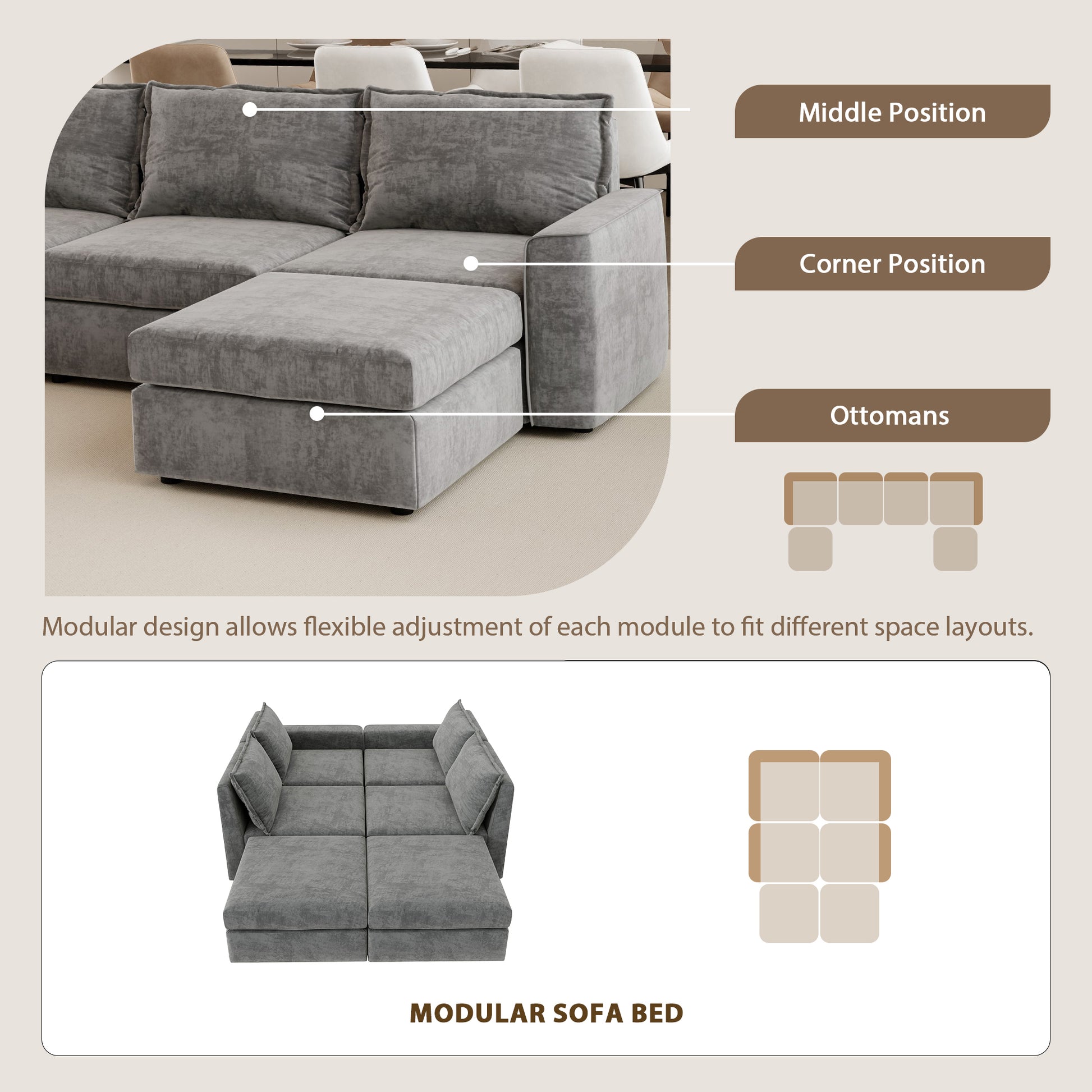 115*58" Chenille Modular Sectional Sofa,U Shaped Reversible Couch,Free Combination,6 Seat Sleeper Sofa Bed With Ottoman,Convertible Oversized Indoor Furniture For Living Room,Gray Gray Chenille 6 Seat