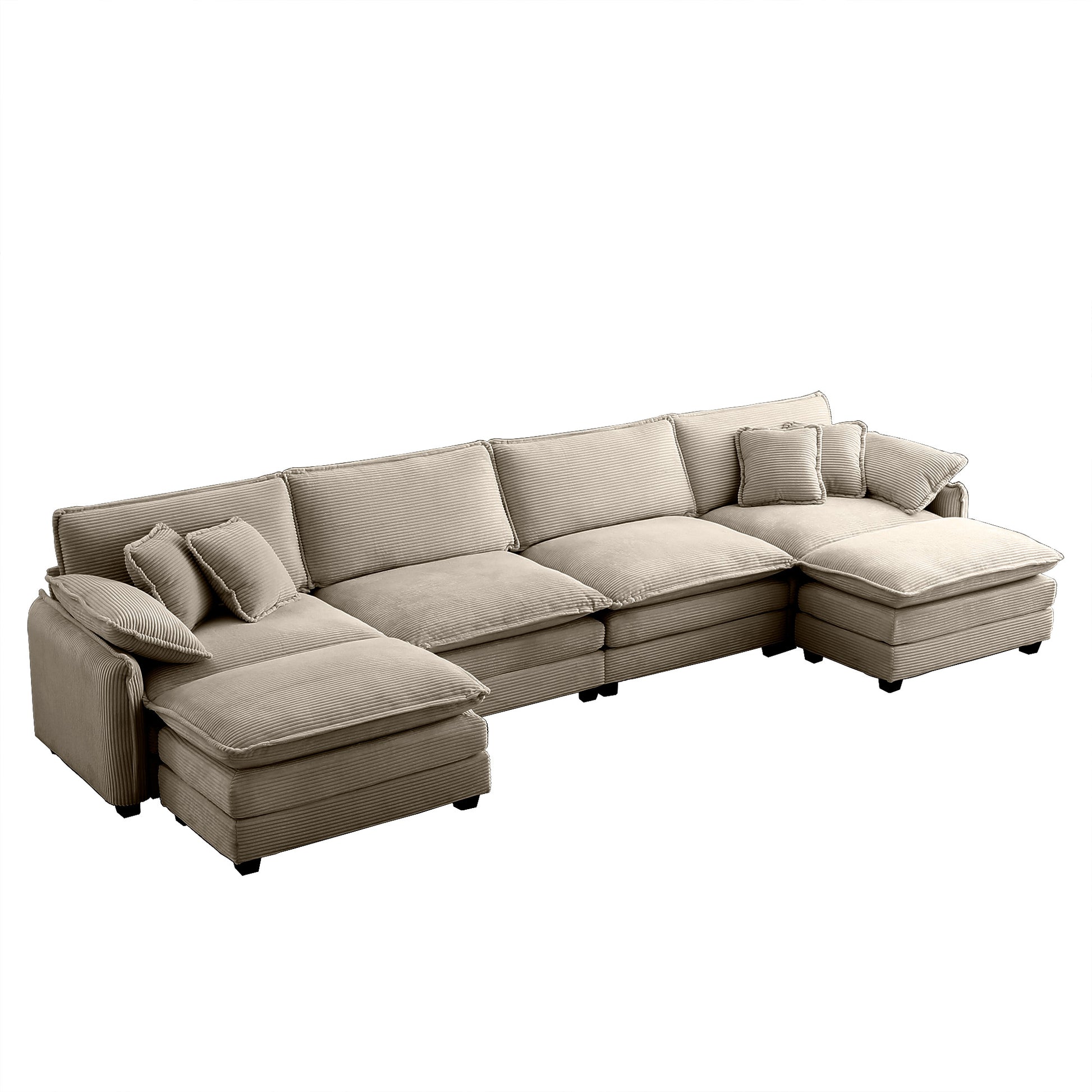 Over Size U Shape Corduroy Sofamodern Upholstered 4 Seater Sofa With 2 Ottomans, Premium Soft Corduroy Fabric Sofa Camel Corduroy 4 Seat