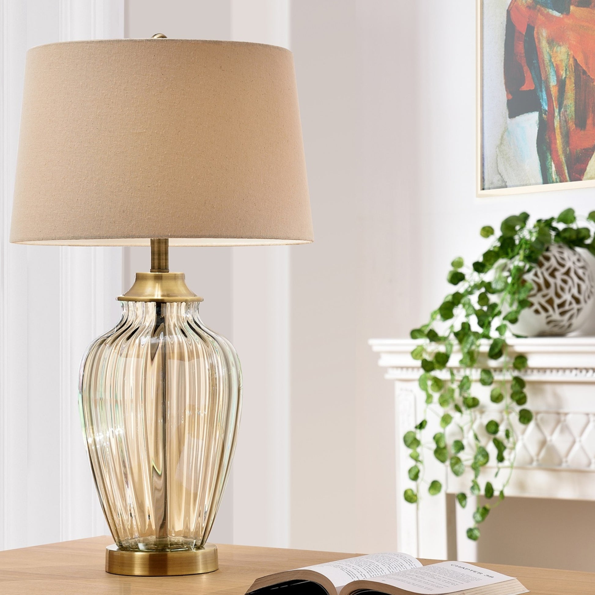 28.5" Tall Glass Table Lamp "Golden Gaze" With Antique Bronze Finish, Linen Shade Champagne Glass