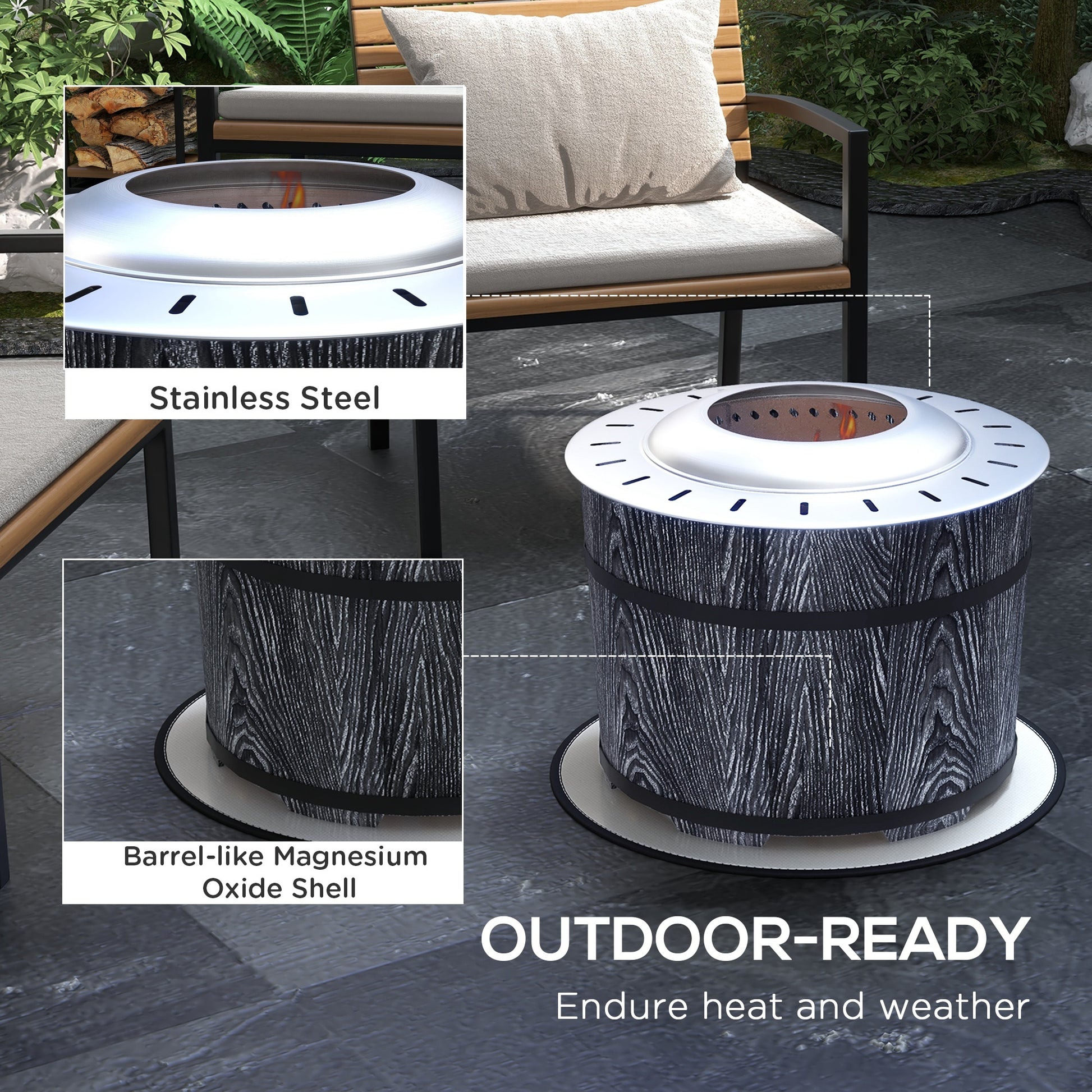 Outsunny Smokeless Fire Pit With Fireproof Mat, 20" Barrel Style Portable Wood Burning Firepit, Magnesium Oxide Low Smoke Camping Bonfire Stove For Backyard, Patio, Picnic, Black Black Magnesium Oxide