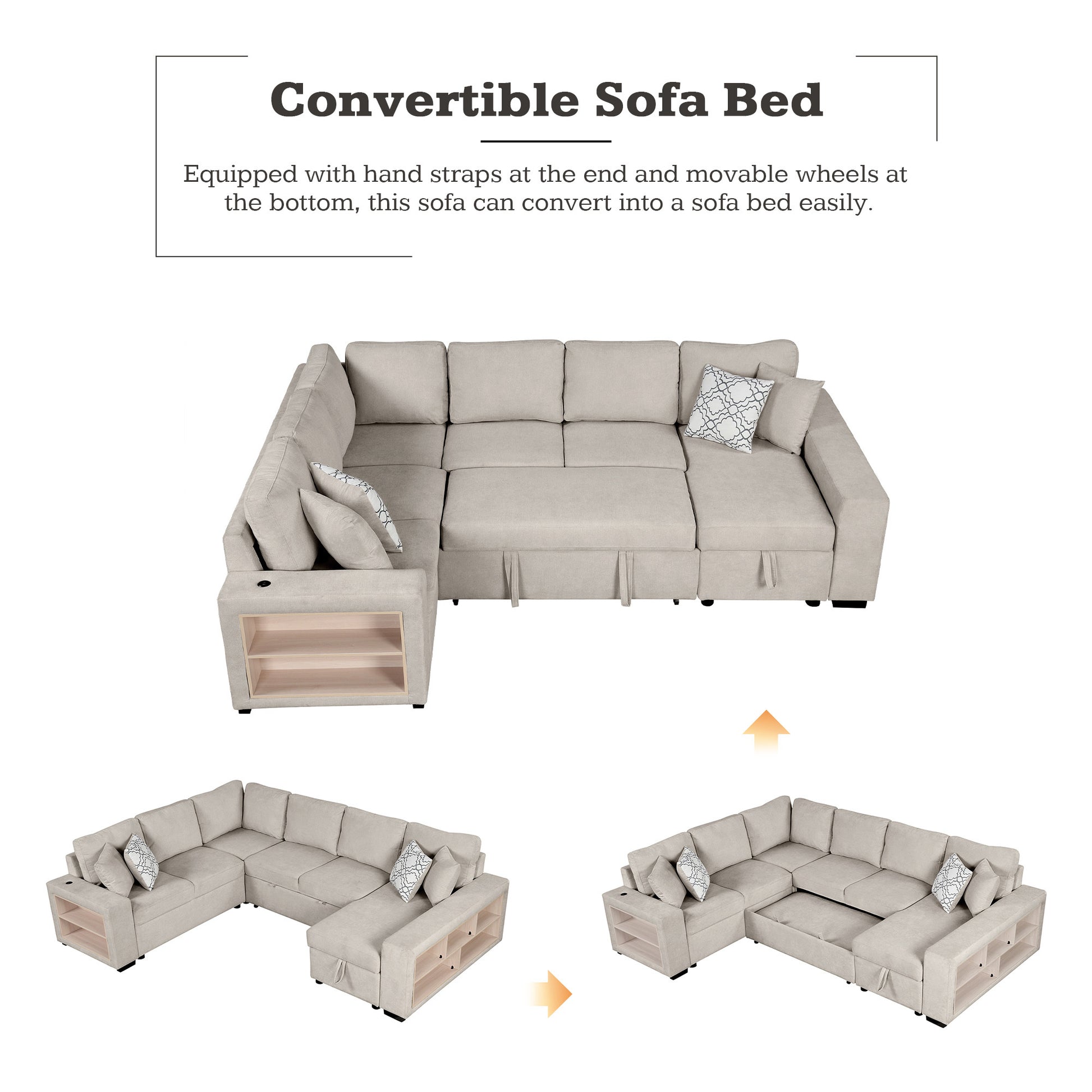 109" U Shaped Sectional Sofa Pull Out Sofa Bed With Two Usb Ports, A Storage Chaise Lounge And Four Back Pillows For Living Room, Beige Beige Foam Chenille 5 Seat