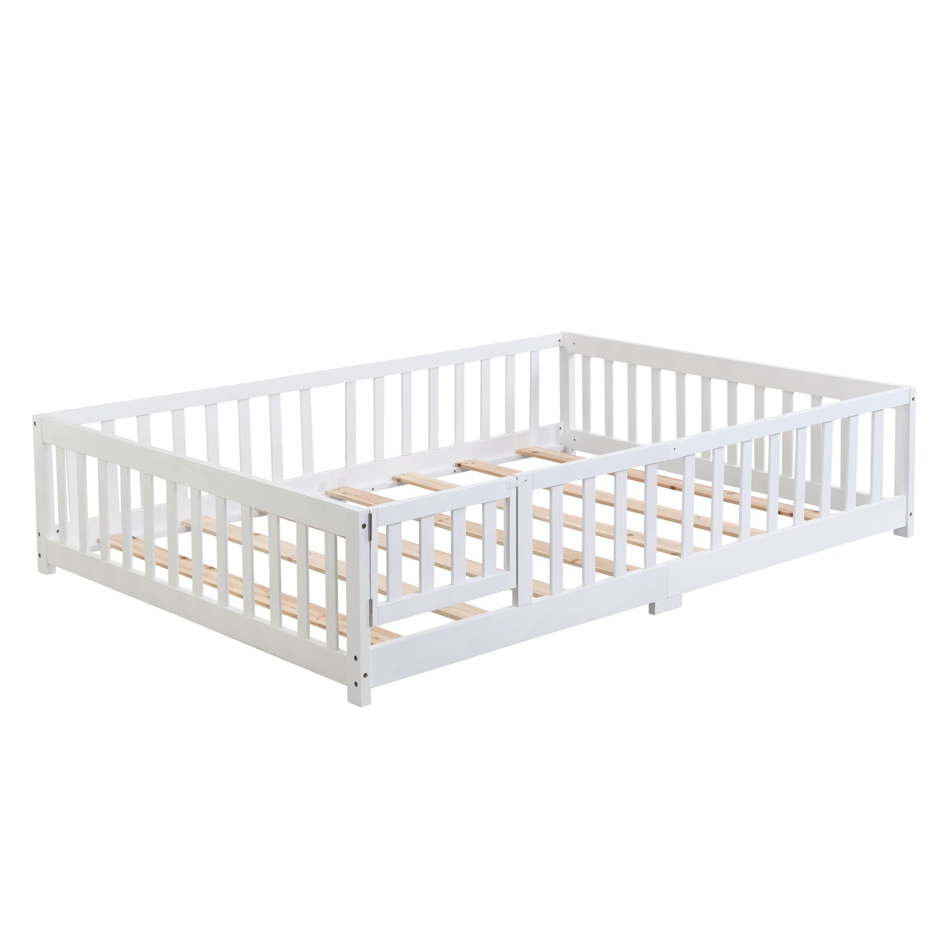 Queen Size Floor Bed With Door,Solid Wood Platform Bed Frame With Fence,Suitable For Children,Pine Wood,White Queen White Wood