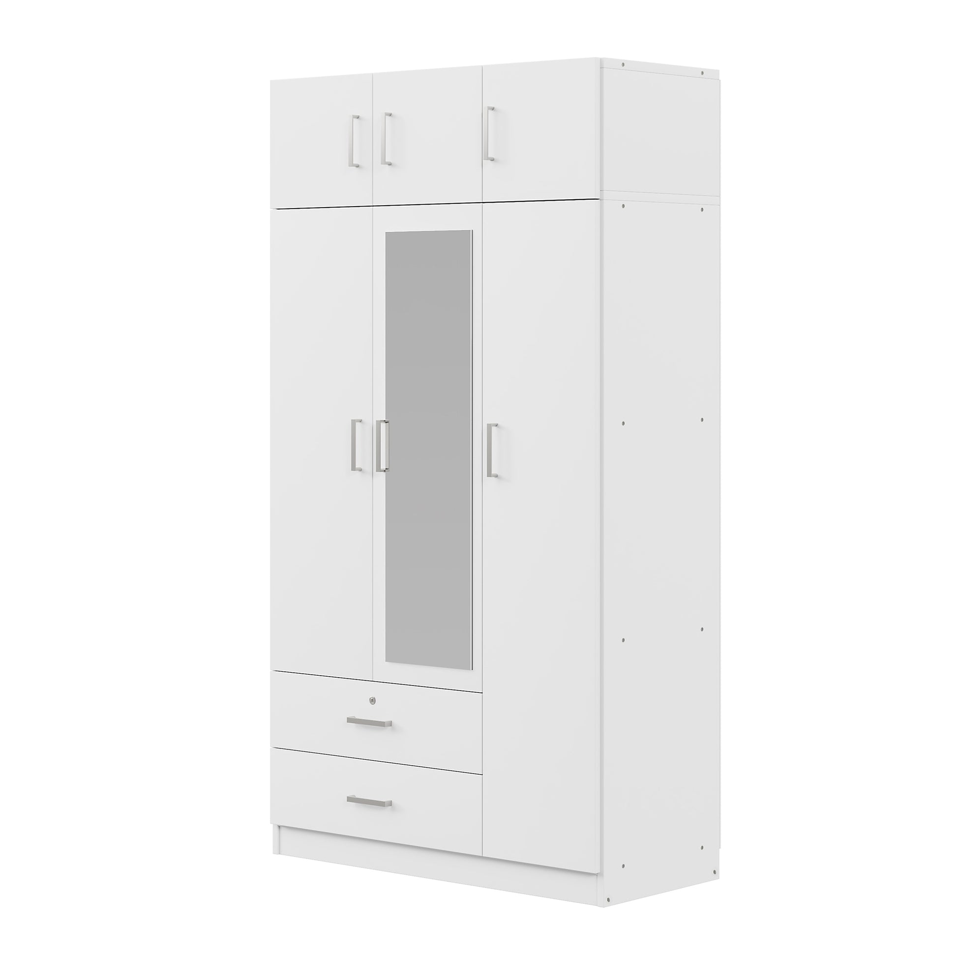 3 Door Mirror Wardrobe With 2 Drawers And Top Cabinet,White White Particle Board