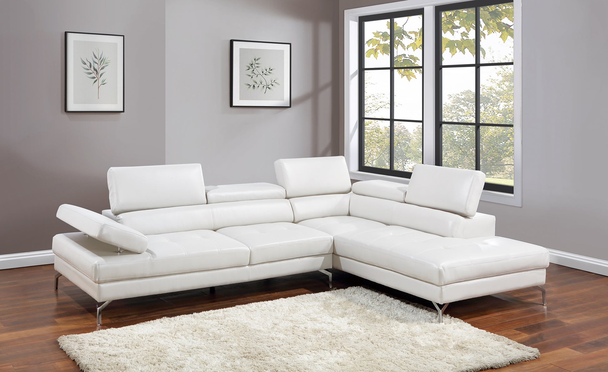 White Sectional Couch 2Pc Set Living Room Faux Leather Right Facing Chaise And Left Facing Sofa Adjustable Armrest Headrest White Faux Leather Primary Living Space Classic,Contemporary,Modern L Shaped Faux Leather,Metal,Solid Wood 5 Seat