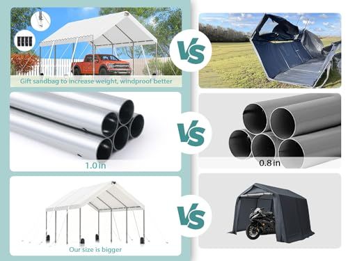 Sannwsg 10 * 20 Heavy Duty Carport Canopy Extra Large Portable Car Tent Garage With Adjustable Peak Height From 9.5Ft To 11Ft,Removable Roof &Side Walls For Car, Suv,Boats Gray Rectangular None Garden & Outdoor Water Resistant Carports Metal