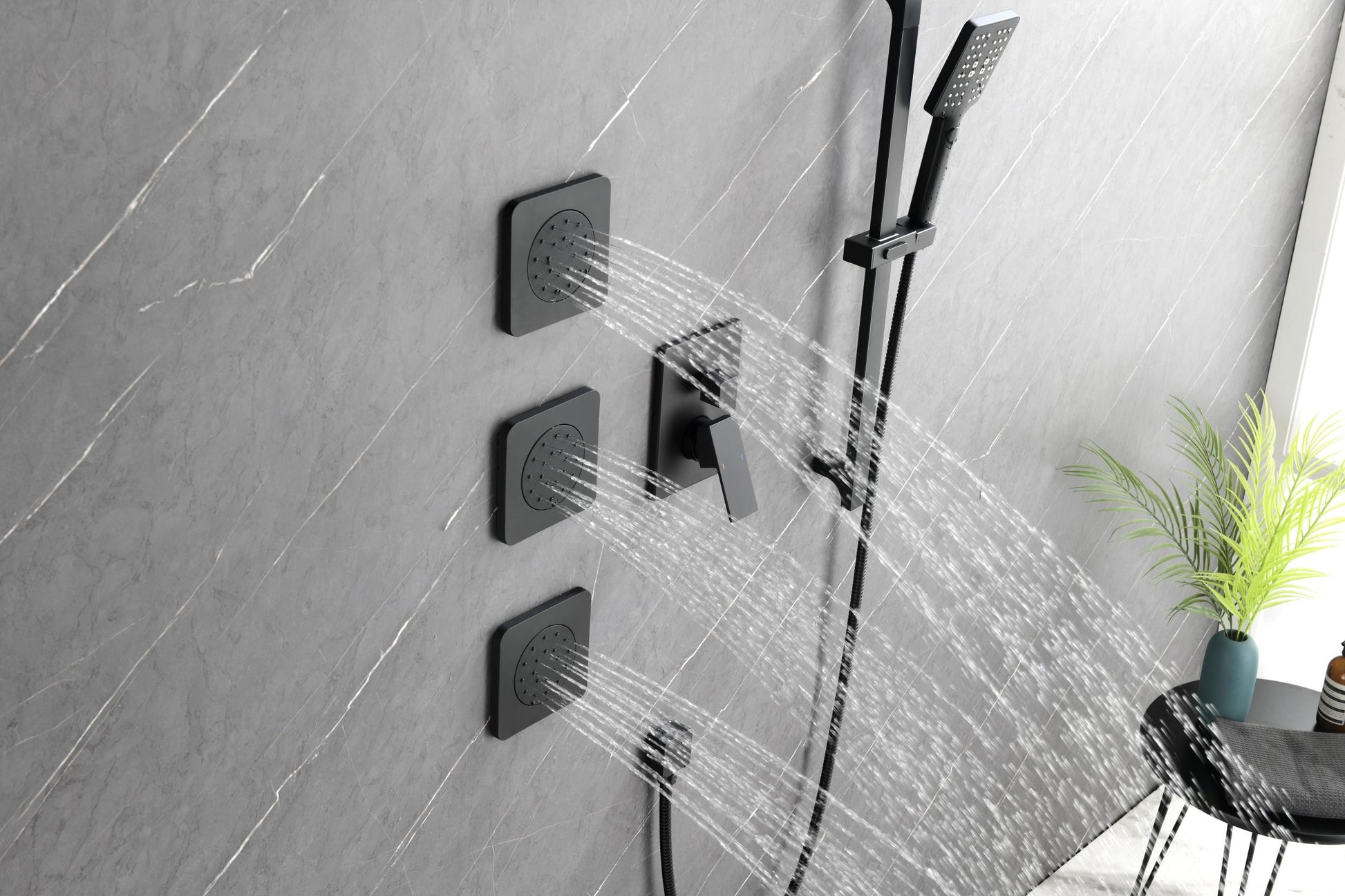 Wall Mounted Shower System In Matte Black With Shower Head, Handheld Shower, 3 Body Jets Matte Black Brass Brass