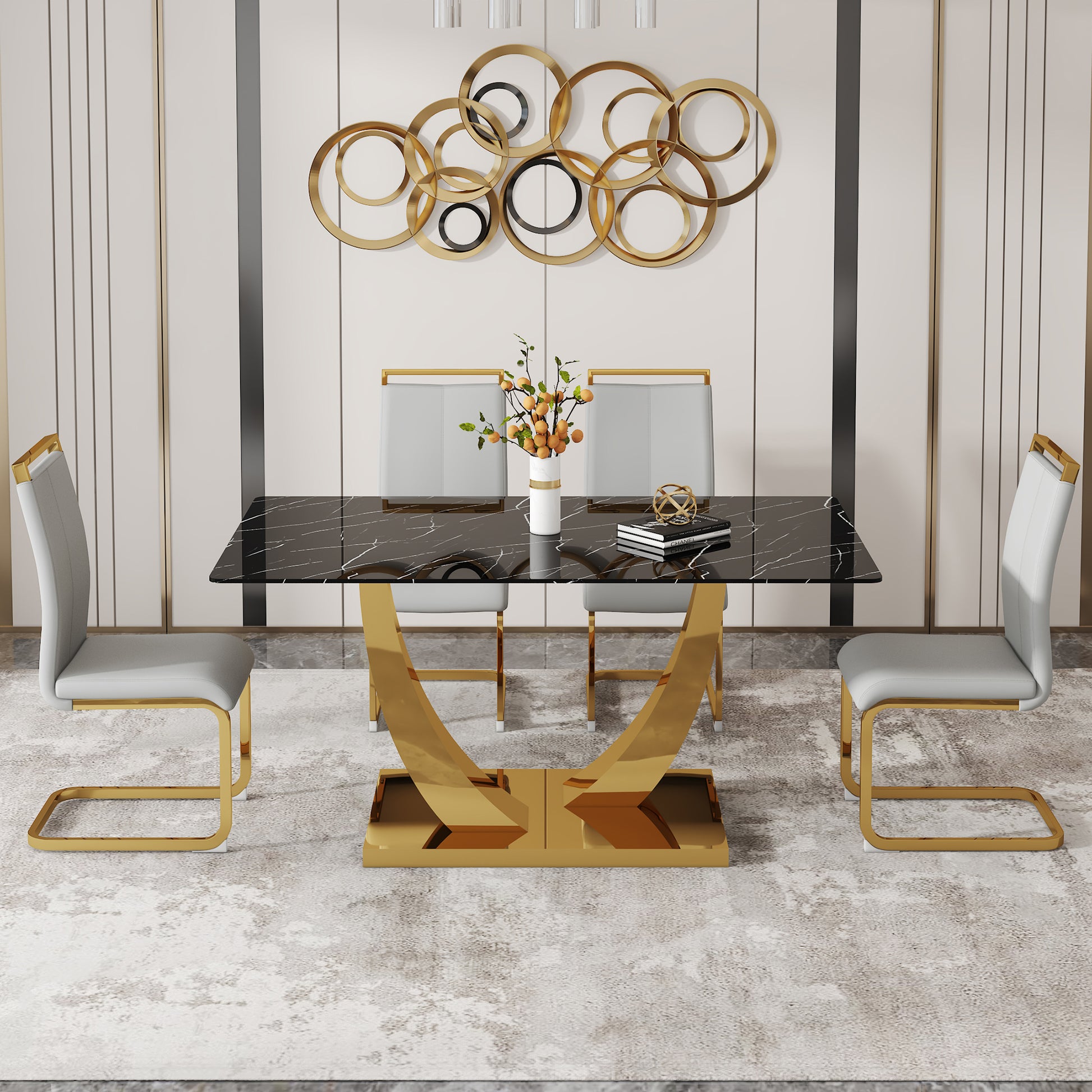 Table And Chair Set.Modern Rectangular Dining Table With Black Textured Stickers Glass Tabletop And Gold Plated Metal Legs.Paried With 4 Comfortable Chairs With Pu Seats And Golden Metal Legs. Gold,Light Gray Seats 4 Glass Metal