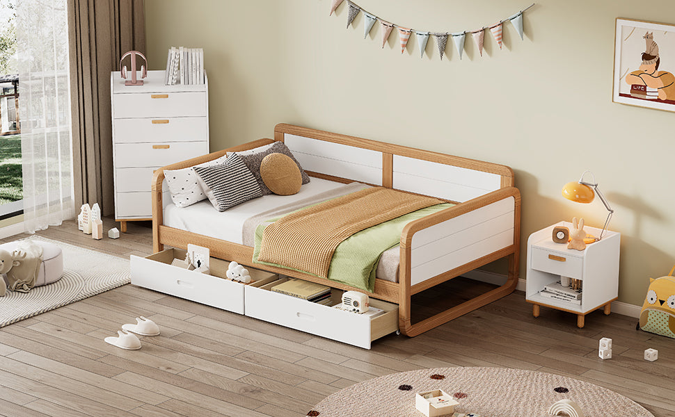 Twin Size Solid Wood Daybed With 2 Storage Drawers For Limited Space Kids, Teens, Adults, No Need Box Spring, Walnut And White Box Spring Not Required Twin White Walnut Wood Bedroom Modern Pine Daybeds Wood