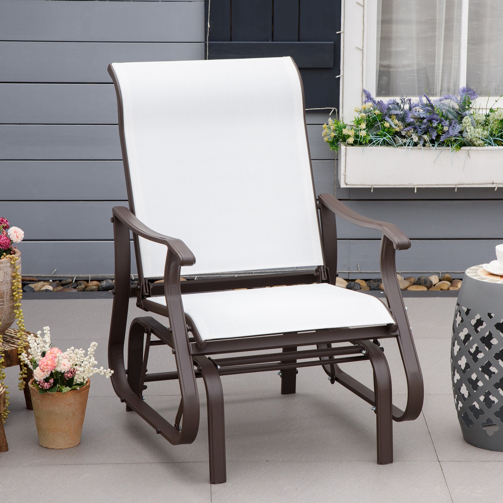 Outsunny Outdoor Glider Chair, Gliders For Outside Patio With Steel Frame And Mesh Fabric For Backyard, Garden, And Porch, White Cream White Steel