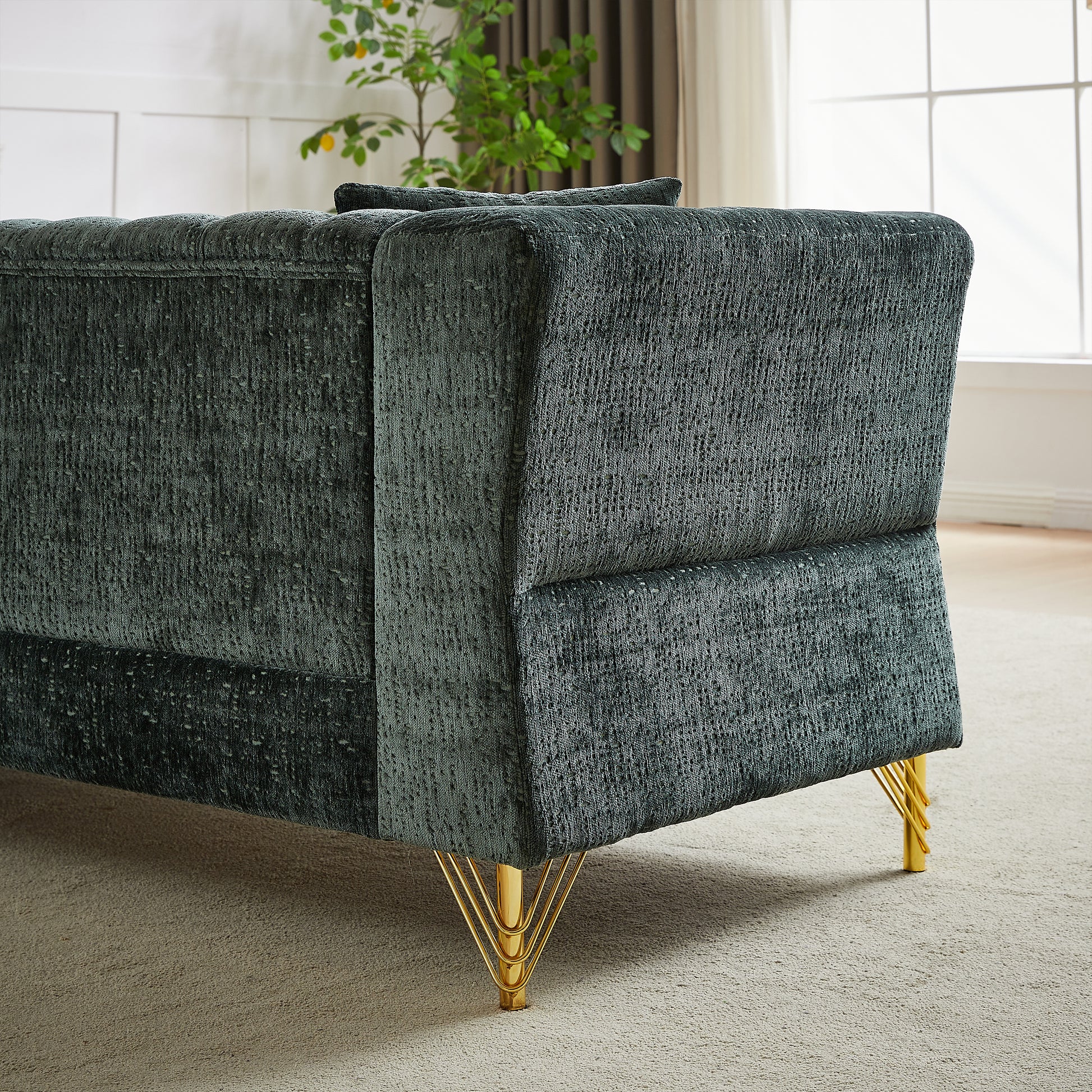 81.5 Inch Chenille Corner Sofal Shaped Sectional Couch, 5 Seater Corner Sofas With 3 Cushions For Living Room, Bedroom, Apartment, Office Green Foam Chenille 5 Seat