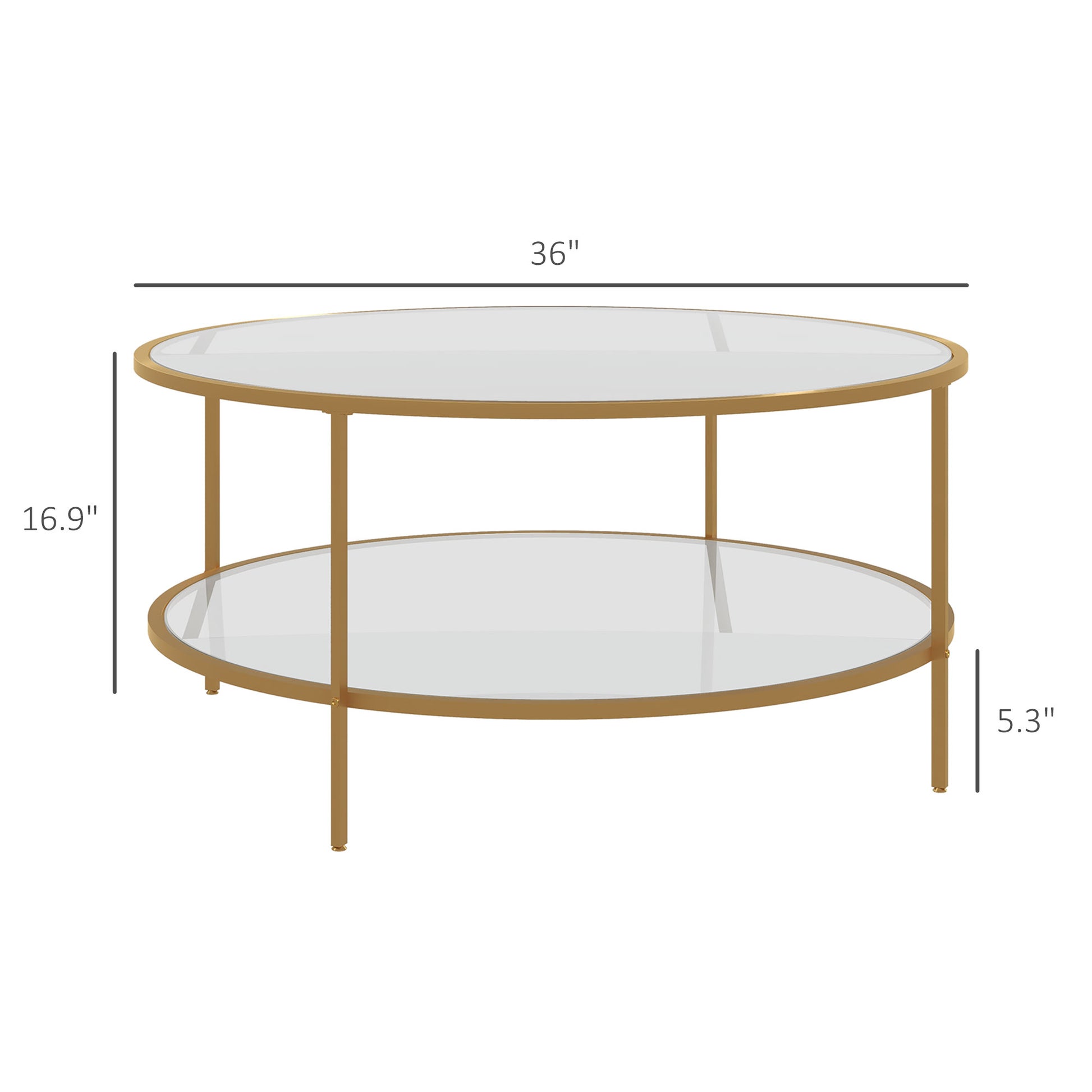 Homcom Side Table With Storage, 36" Round End Table, 2 Tier Tempered Glass Coffee Table With Steel Frame For Living Room, Gold Gold Glass Metal