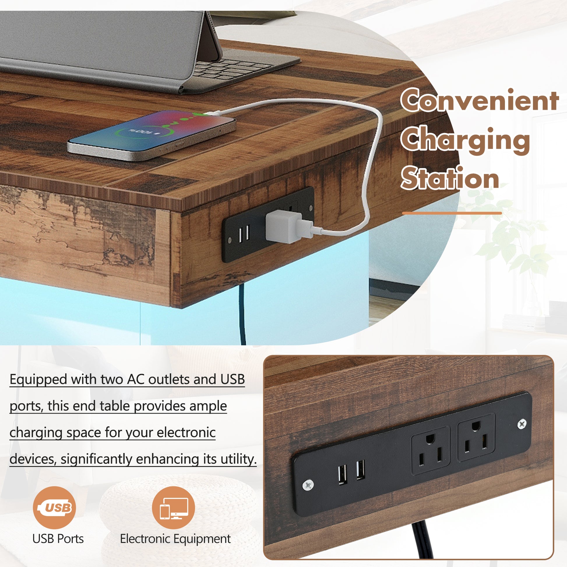 31.4'' X 31.4'' Farmhouse Coffee Table With 2 Usb Ports And Outlets, Brown Spliced Wood Grain Center Table With Led Light, Rustic Cocktail Table With Charging Station For Living Room, White White Primary Living Space Square Particle Board