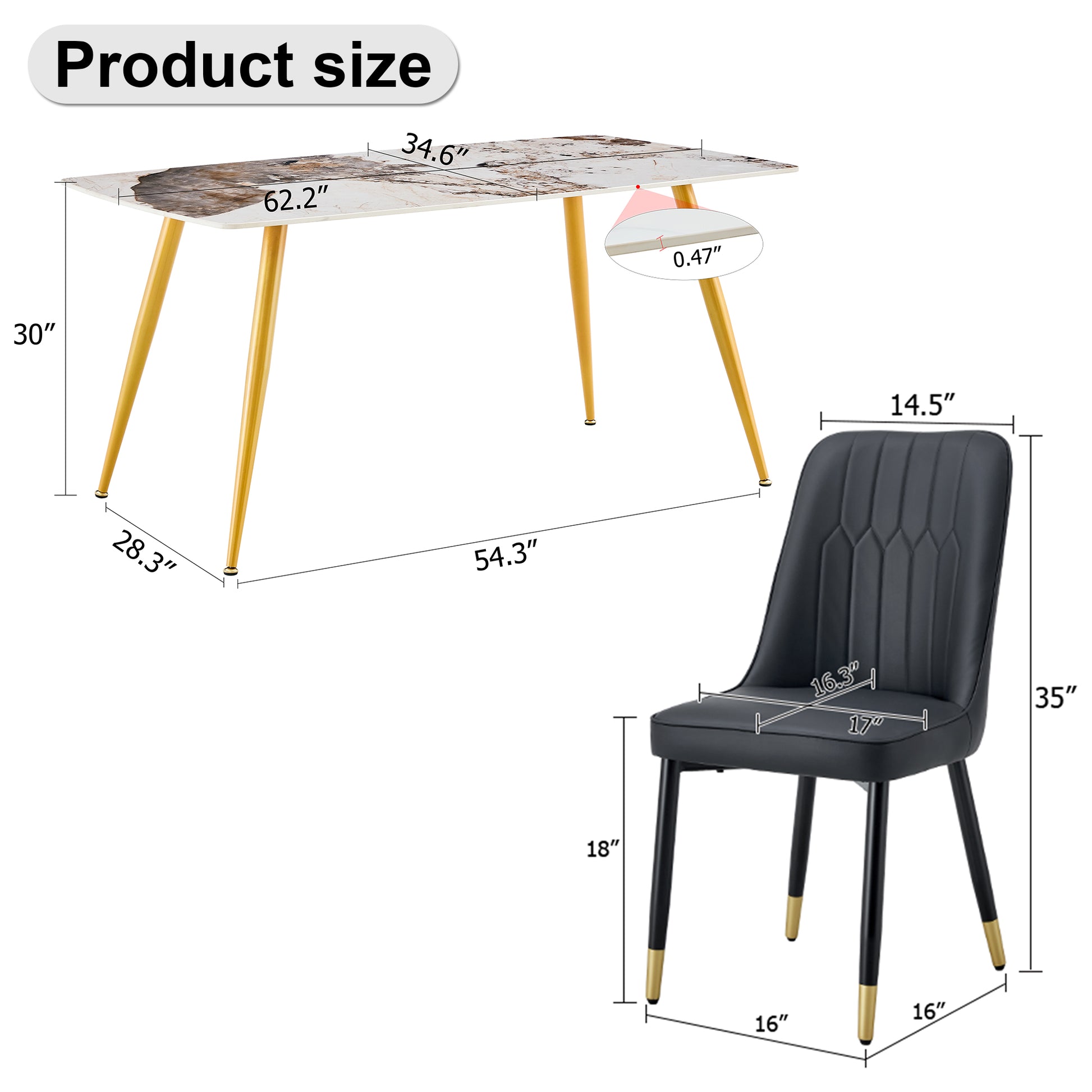 Table And Chair Set.Modern Minimalist Dining Table. White Imitation Marble Pattern Sintered Stone Desktop With Golden Metal Legs.Paried With 6 Comfortable Chairs With Pu Seats And Black Metal Legs.