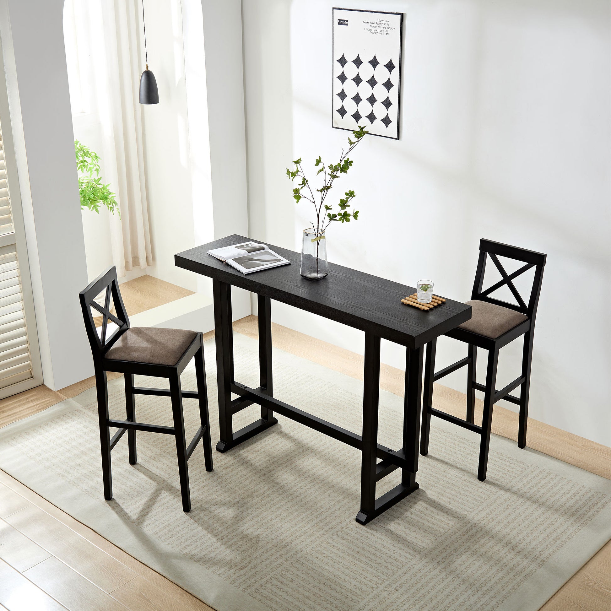 Bar Table,Bar Chair, Extra Long Entryway Table For Entryway, Hallway, Living Room, Foyer, Corridor, Rectangular Wood High Top Kitchen Dining Table, Black Matt Black Solid Wood Mdf
