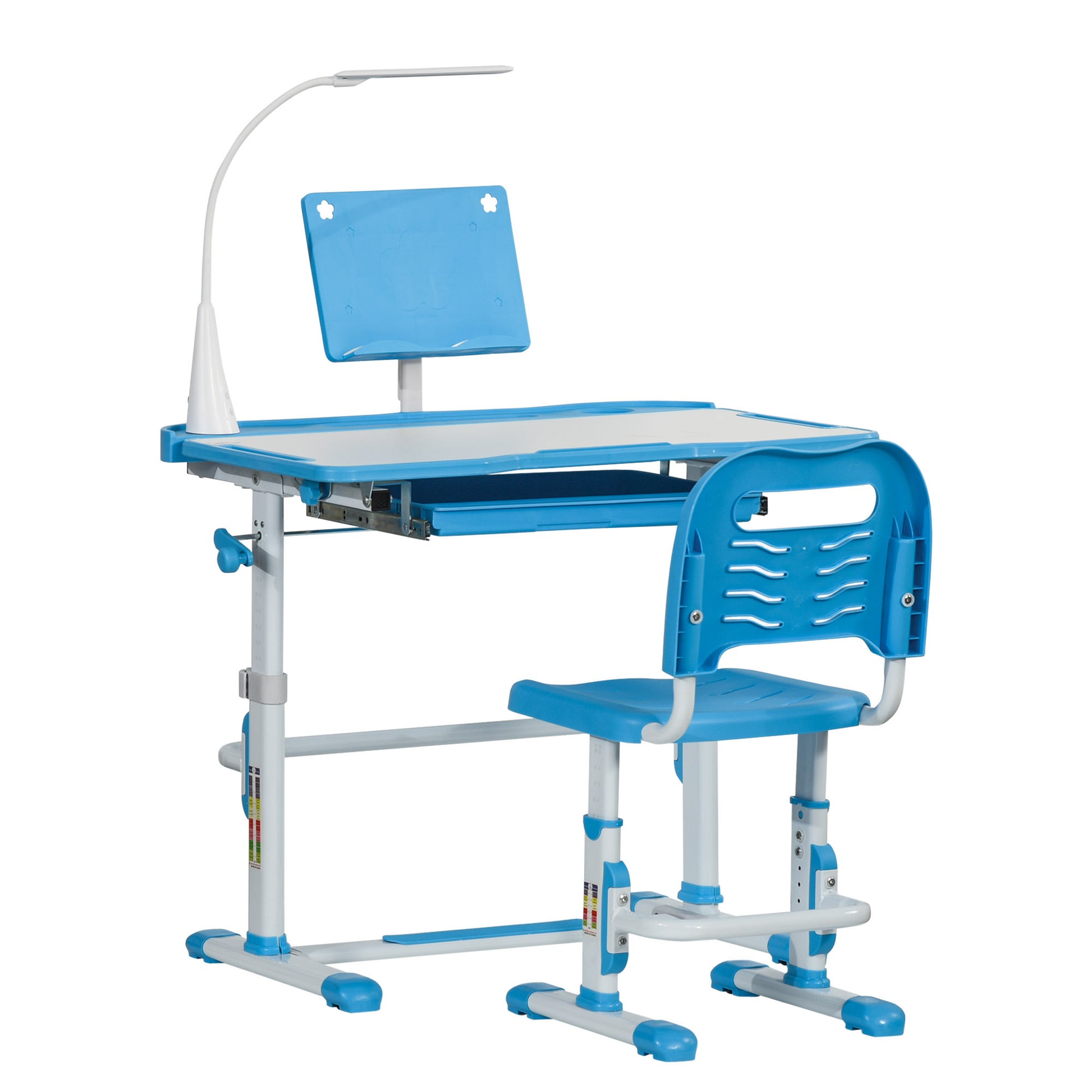 Qaba Kids Desk And Chair Set, Height Adjustable School Study Table And Chair, Student Writing Desk With Tilt Desktop, Led Light, Pen Box, Drawer, Reading Board, Cup Holder, And Pen Slots, Blue Blue Plastic