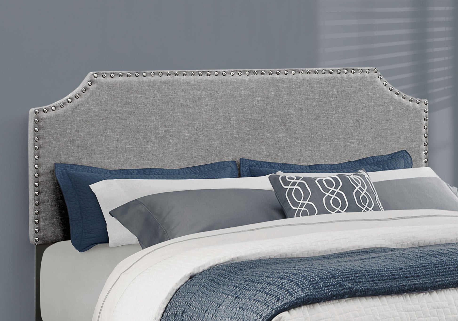 Bed, Queen Size, Bedroom, Upholstered, Grey Linen Look, Chrome Trim, Transitional Grey Foam Solid Wood Mdf