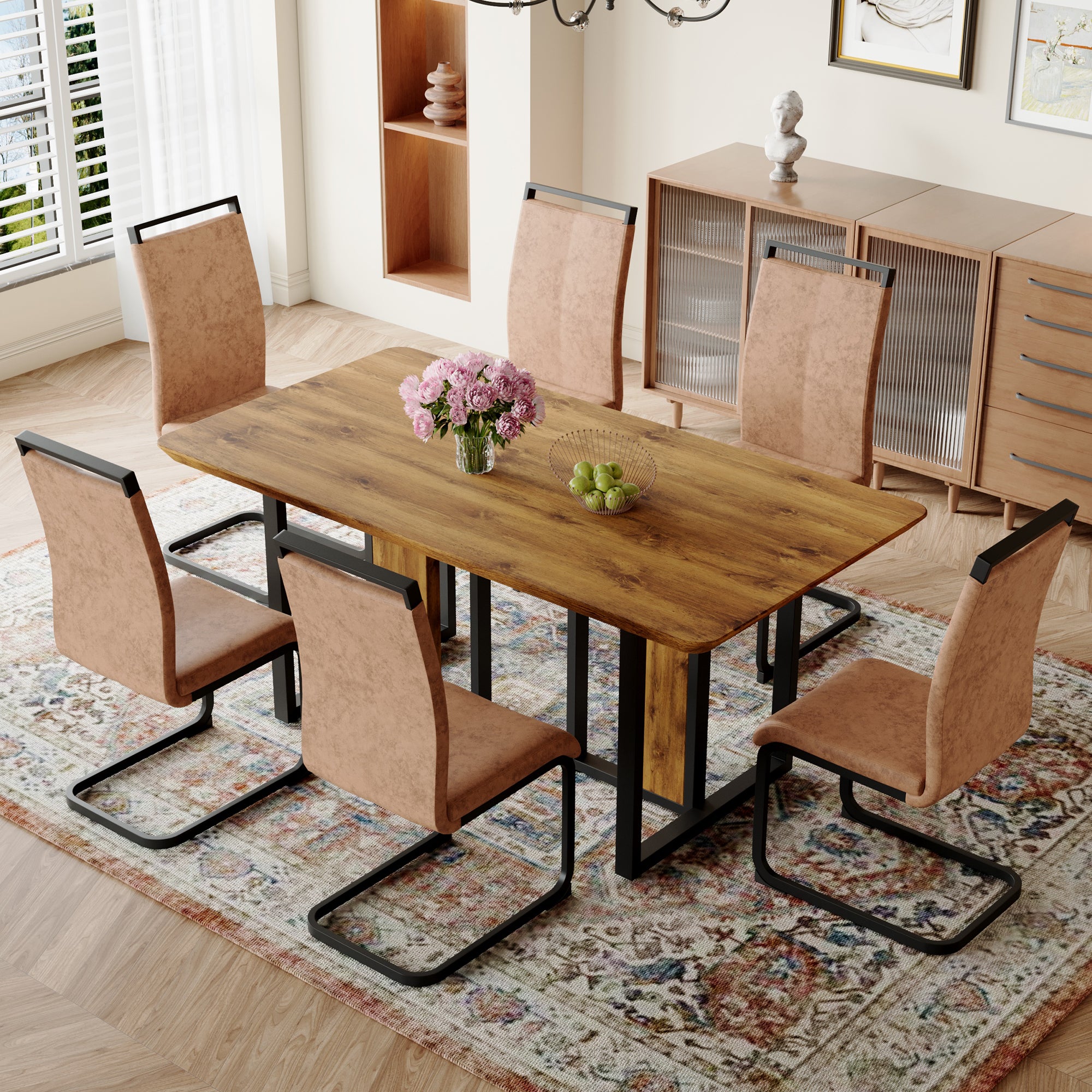 Table And Chair Set.67"X36" Wood Textured Mdf Dining Table Set With 6 Brown Fabric Chairs.Mdf Sticker,Wood Colored Texture Sticker,Black C Tube Dining Chair Legs,Suitable For Kitchen,Dining