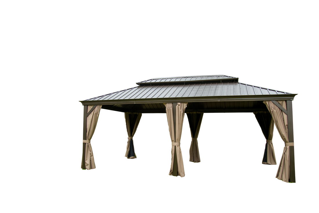 Outdoor Living 14X20Ft Hardtop Gazebo, Permanent Metal Gazebo With Galvanized Steel Double Roof And Aluminum Frame, Curtain And Netting, Large Pavilion Gazebo For Patio Deck Garden Brown Aluminum