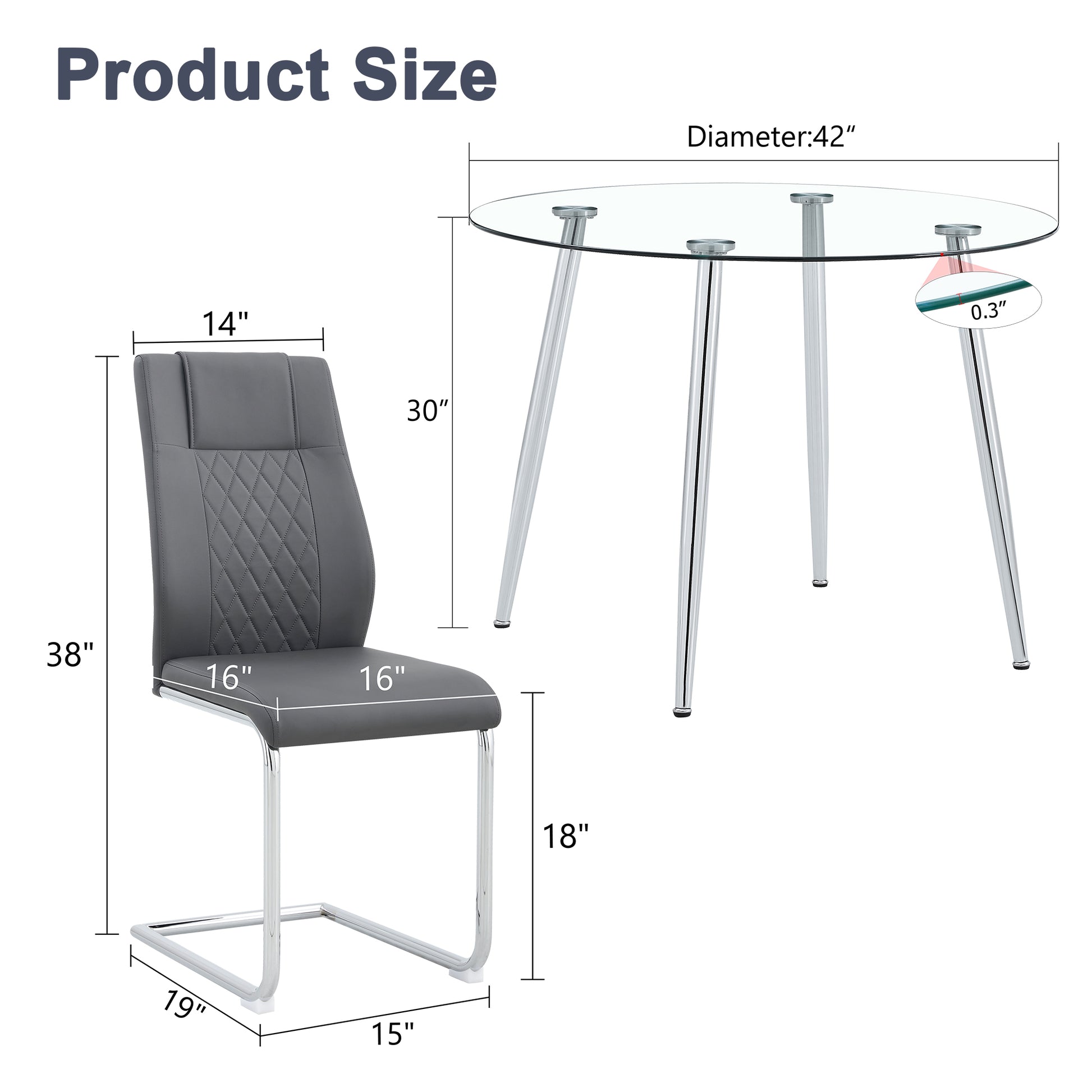 Table And Chair Set.A Modern Minimalist Round Dining Table With Transparent Tempered Glass Top And Silver Metal Legs,And 6 Chairs With Pu Backrest And Seat Cushion And Silver C Tube Metal Legs. Dark Gray,Transparent Seats 6 Glass Metal