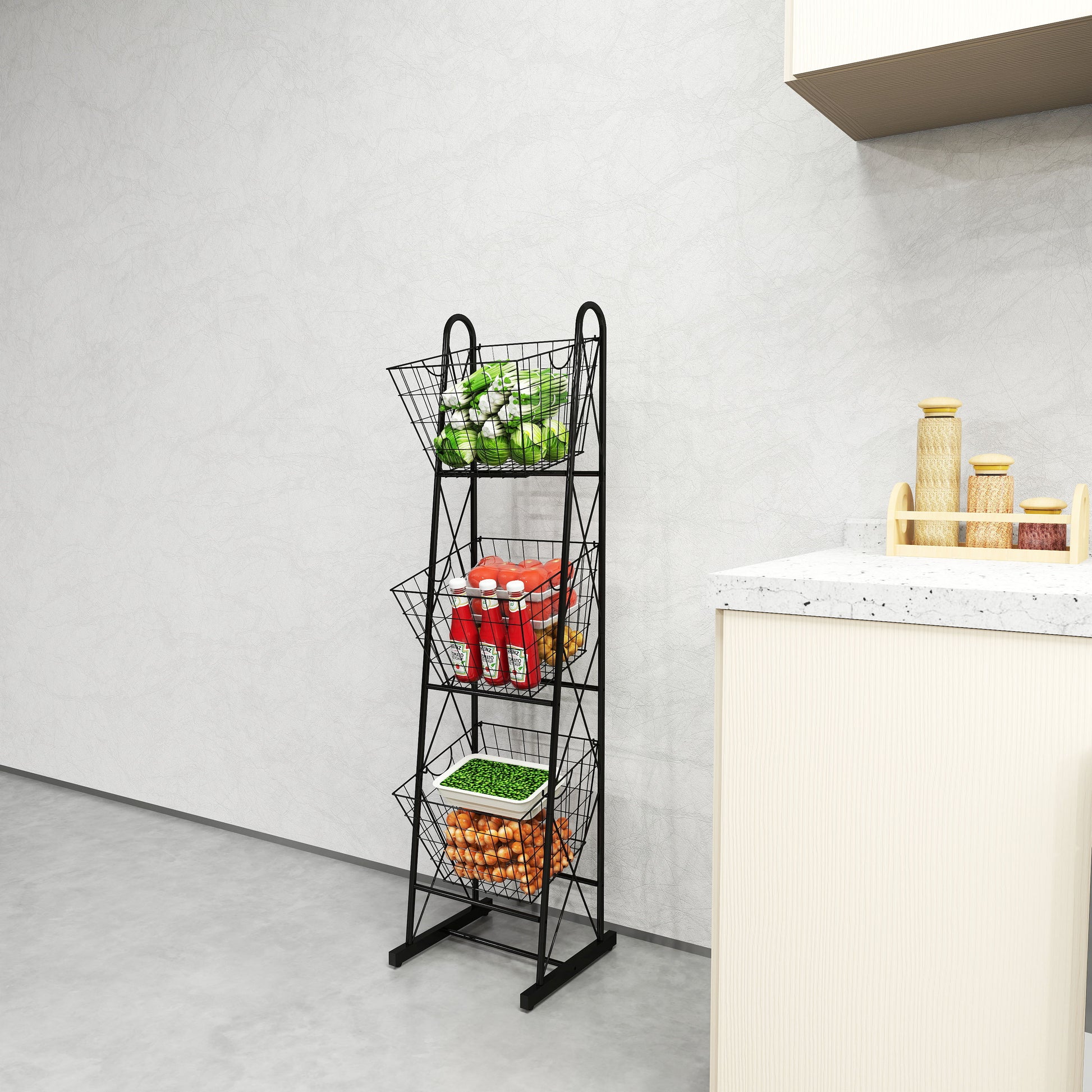 3 Tier Kitchen Storage Basket Organizer, Freestanding Metal Wire Rack For Fruit, Vegetables, And Pantry Items Black Kitchen American Design,American Traditional Metal