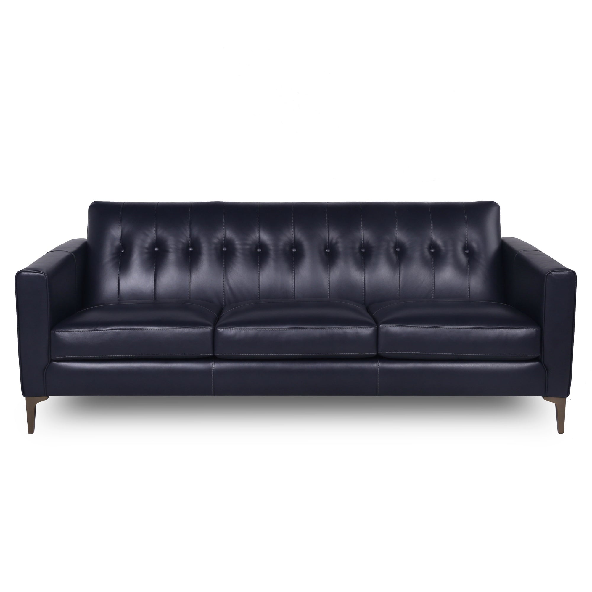 Mid Century Tufted Leather Sofa Navy Leather 3 Seat