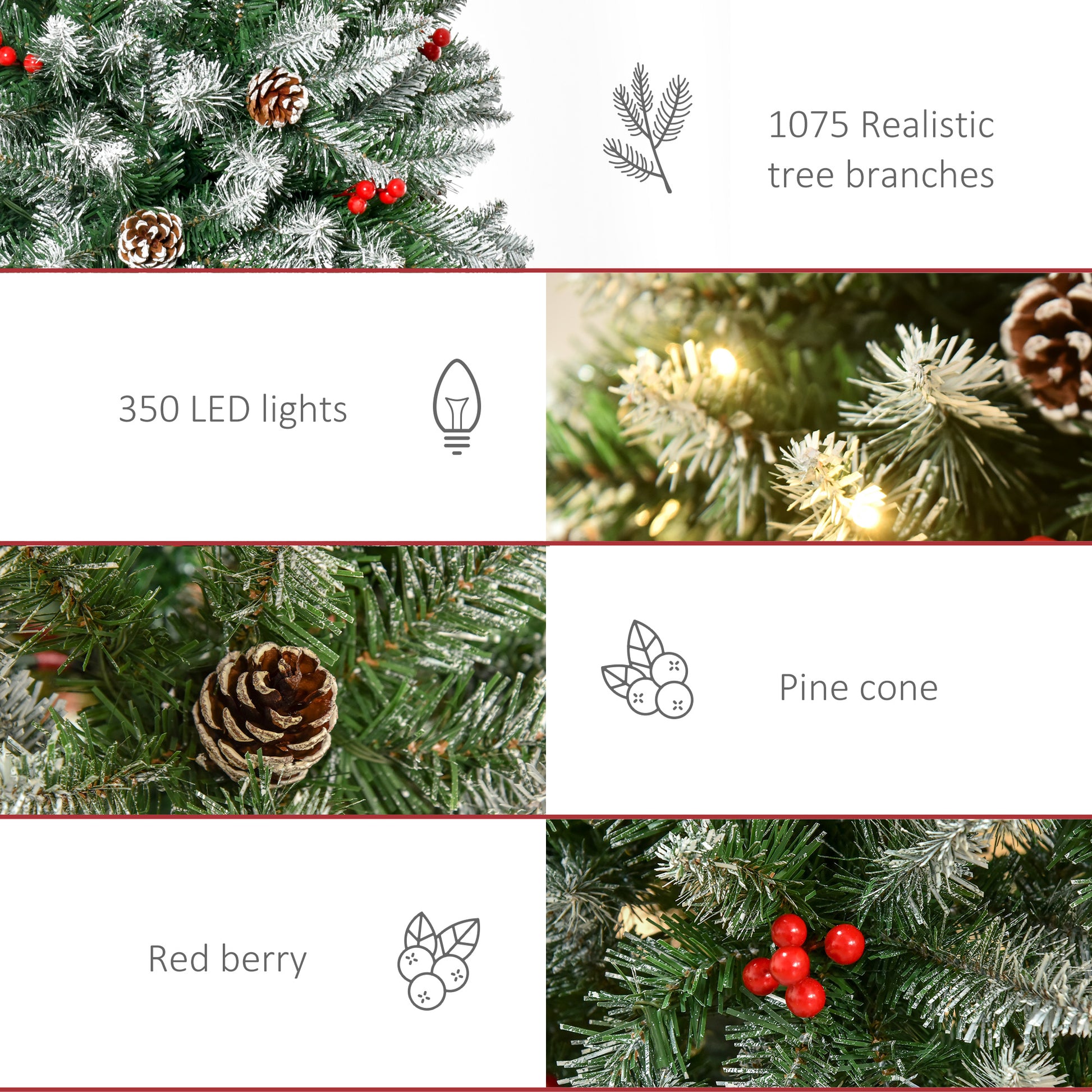 Homcom 7.5Ft Pre Lit Snow Dipped Artificial Christmas Tree With Realistic Branches, 350 Led Lights, Pine Cones, Red Berries And 1075 Tips Green Pvc