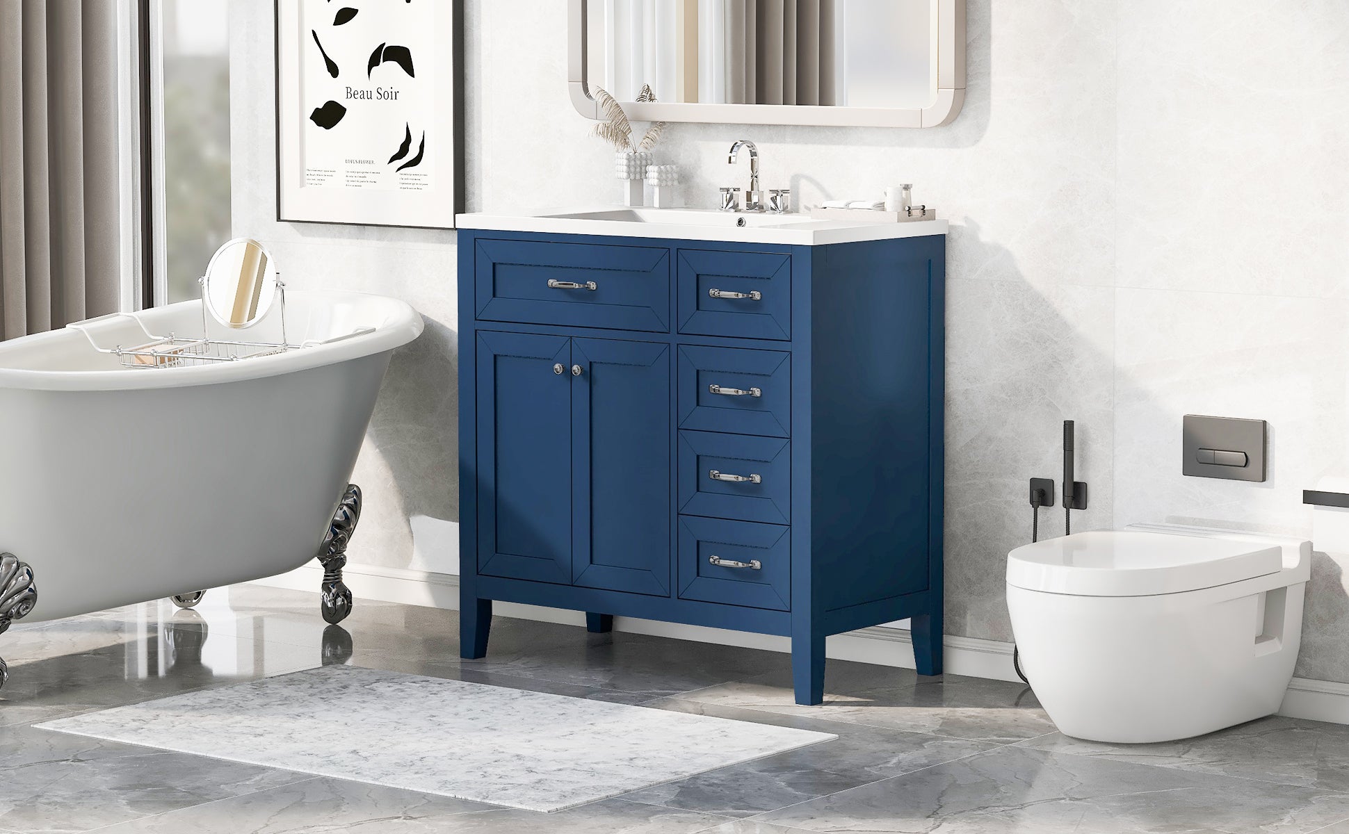 36" Bathroom Vanity With Sink Combo, Blue Bathroom Cabinet With Drawers, Solid Frame And Mdf Board Blue Solid Wood Mdf