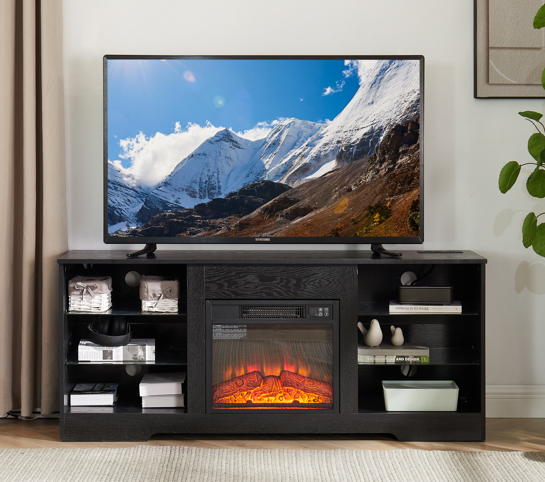 Tv Stand Electric Fireplace Glass Shelves, 3D Fireplace Tv Stand With Led Lights Wood With Usb Charging Outlet Modern Television Table Center For Tv Up To 62" Black 58''W*15.5''D*24.4 Black 50 59