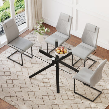 Table And Chair Set.Modern Rectangular Glass Dining Table With 0.39" Tempered Glass Tabletop And Black Metal Legs.Paired With Multiple Chairs Designed With Pu Cushions And Black Metal Legs. Black Grey Seats 4 Tempered Glass