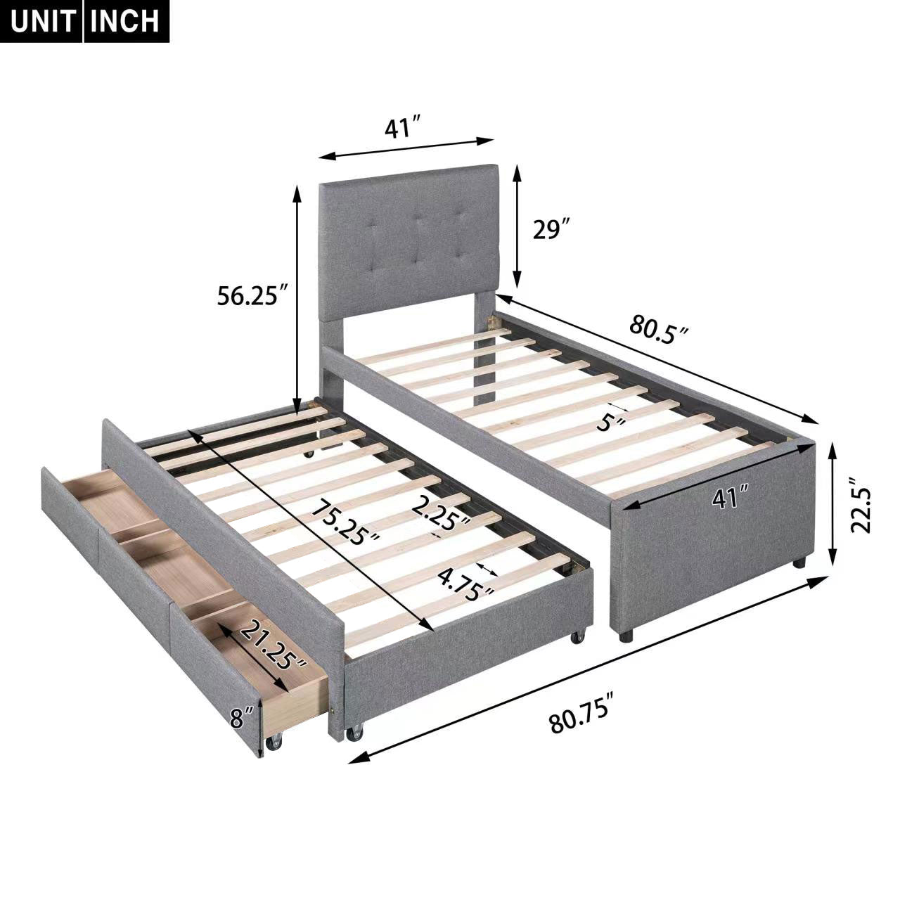 Twin Size Upholstered Platform Bed With Pull Out Twin Size Trundle And 3 Drawers, Gray Twin Gray Upholstered