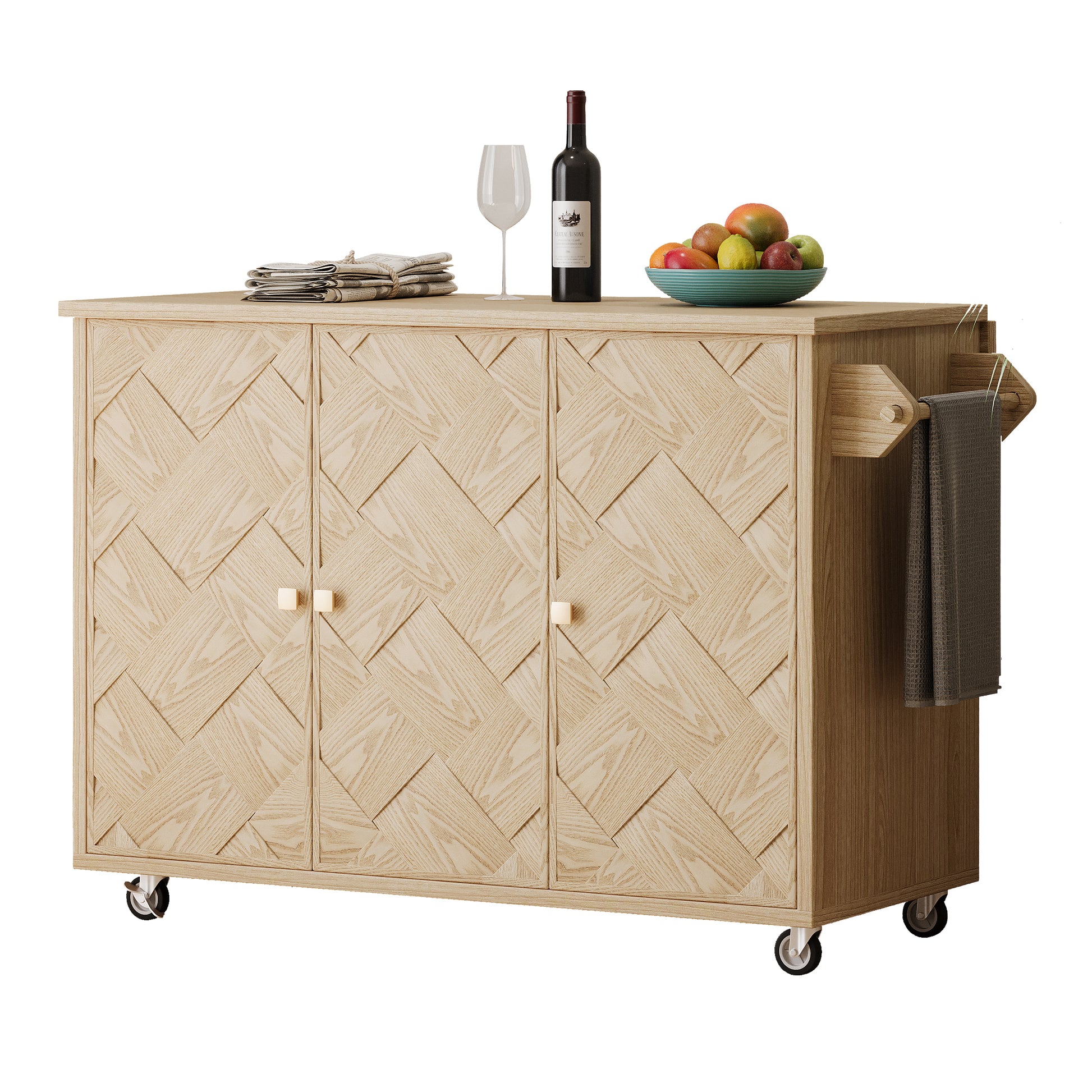 K&K 51.2"W Ash Veneer Not Cheap Paper Solid Wood Handwoven Kitchen Island With Drop Leaf, Coastal Kitchen Island On Wheels With Internal Storage Rack, Rolling Kitchen Cart, Nature Wood Natural Wood