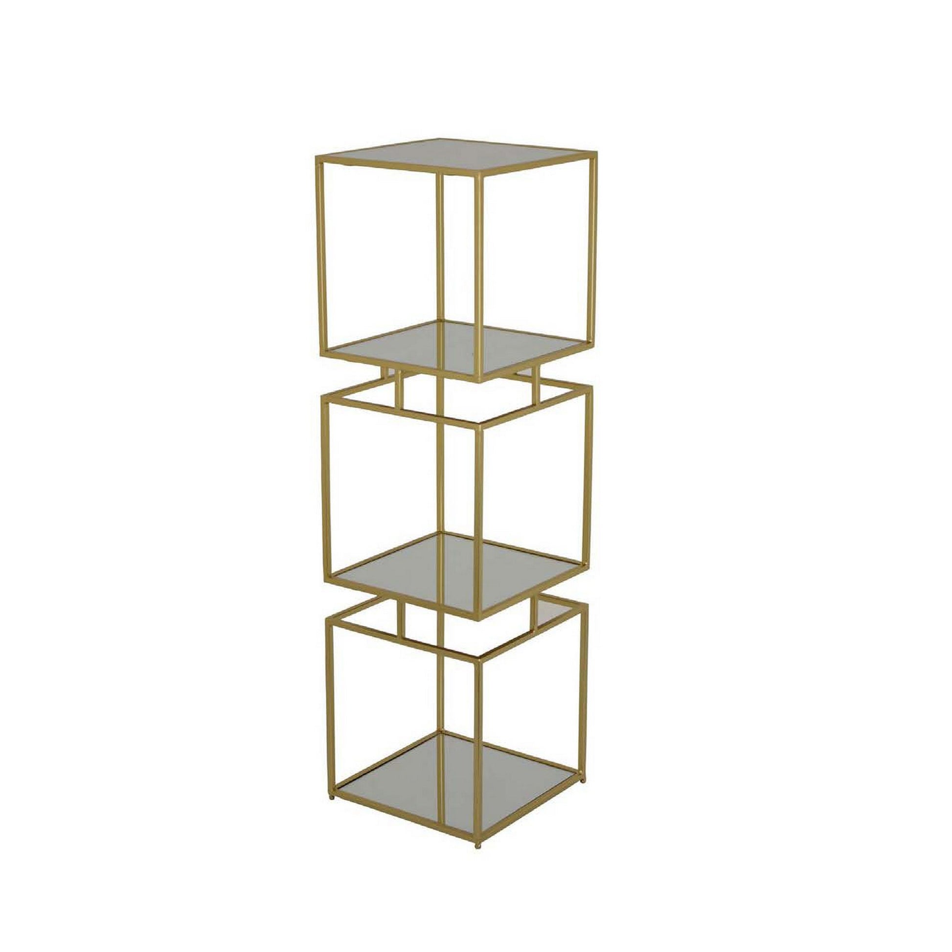 Joy 41 Inch Plant Stand Shelves, Mirrored Box Shape, 3 Tier, Gold Metal Gold Clear Metal