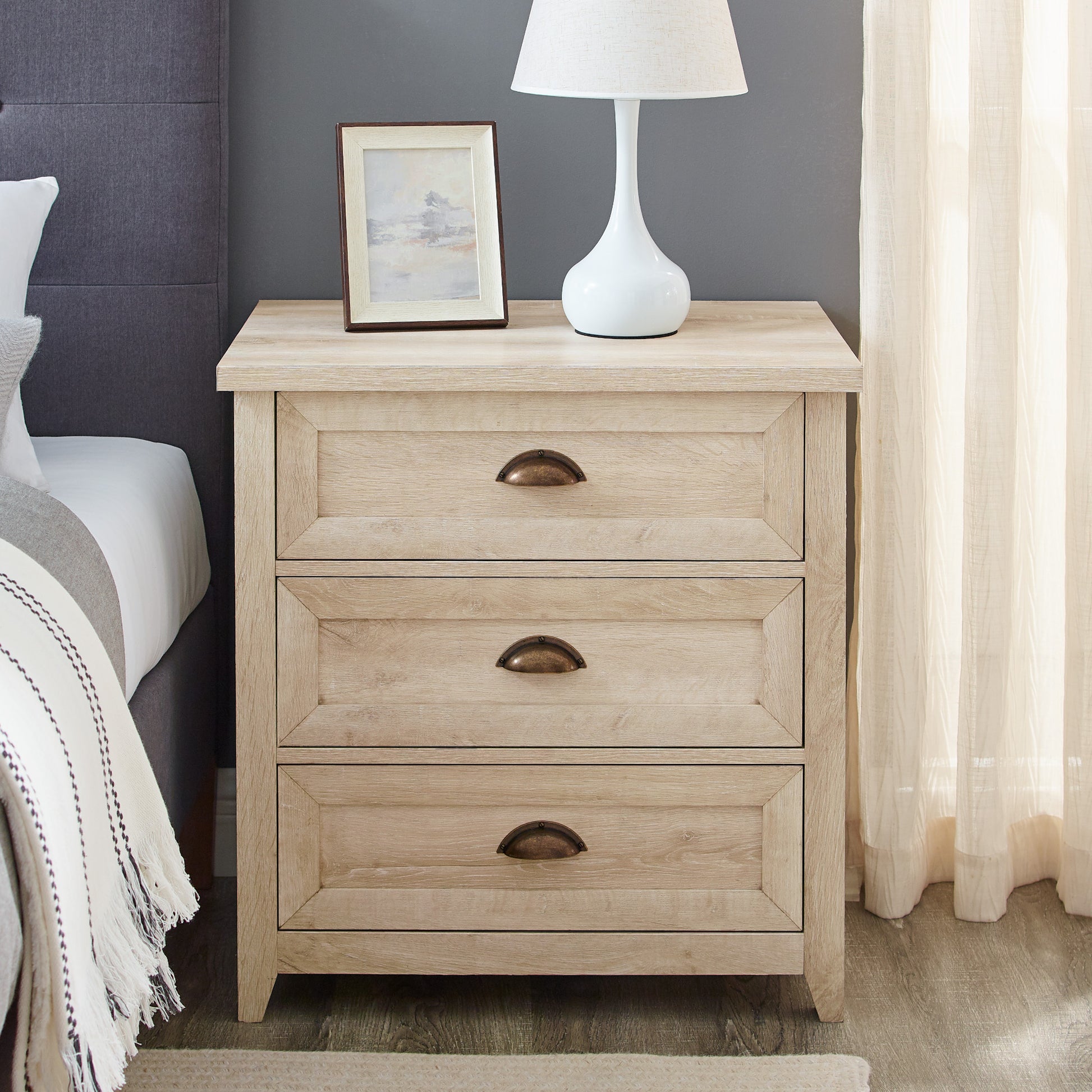 Transitional Farmhouse Framed 3 Drawer Nighstand With Cup Handles White Oak Brown Mdf