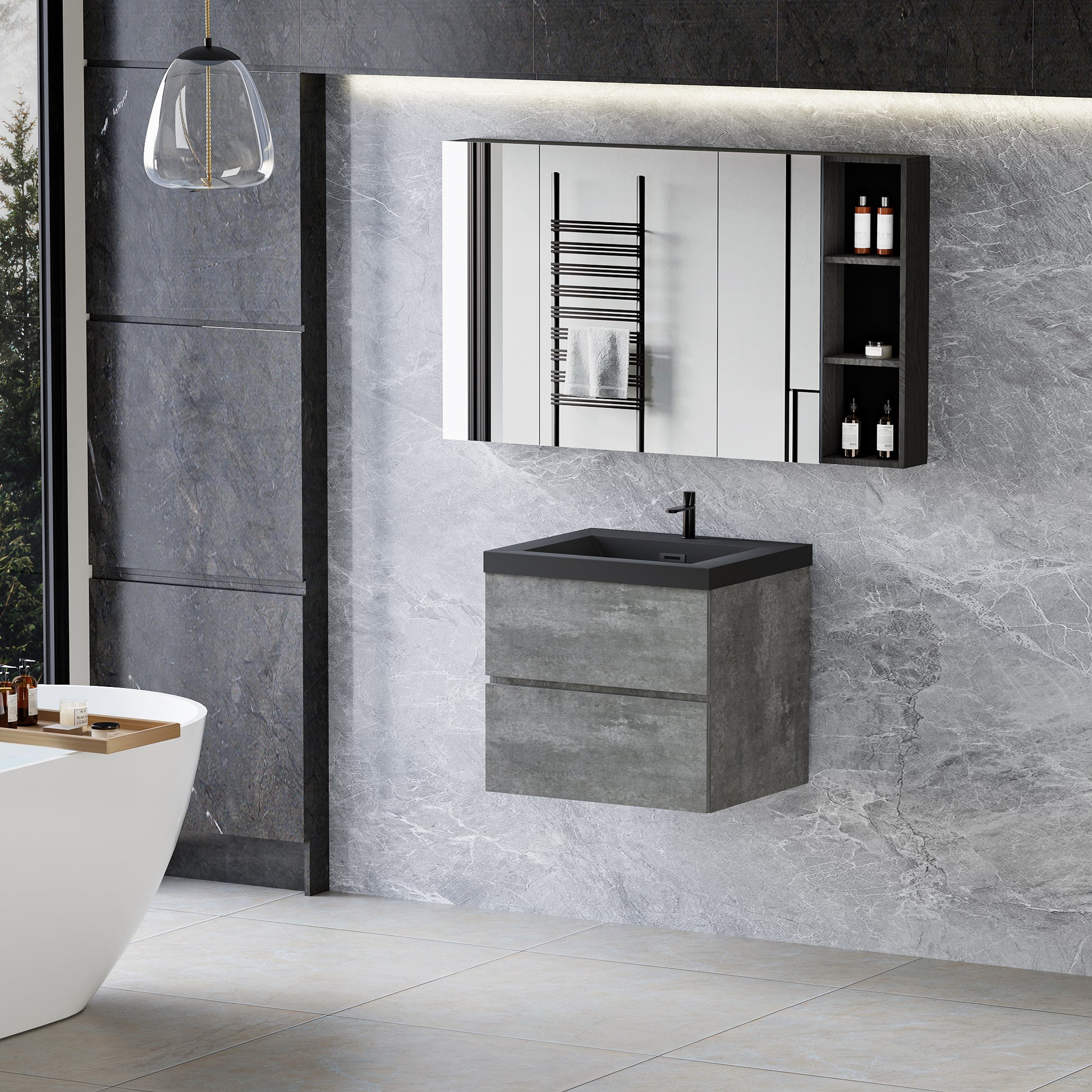 24" Floating Bathroom Vanity With Sink, Modern Wall Mounted Bathroom Storage Vanity Cabinet With Black Quartz Sand Top Basin And Soft Close Drawers, 24V12 24Gr Grey Grey Bathroom Wall Mounted Melamine