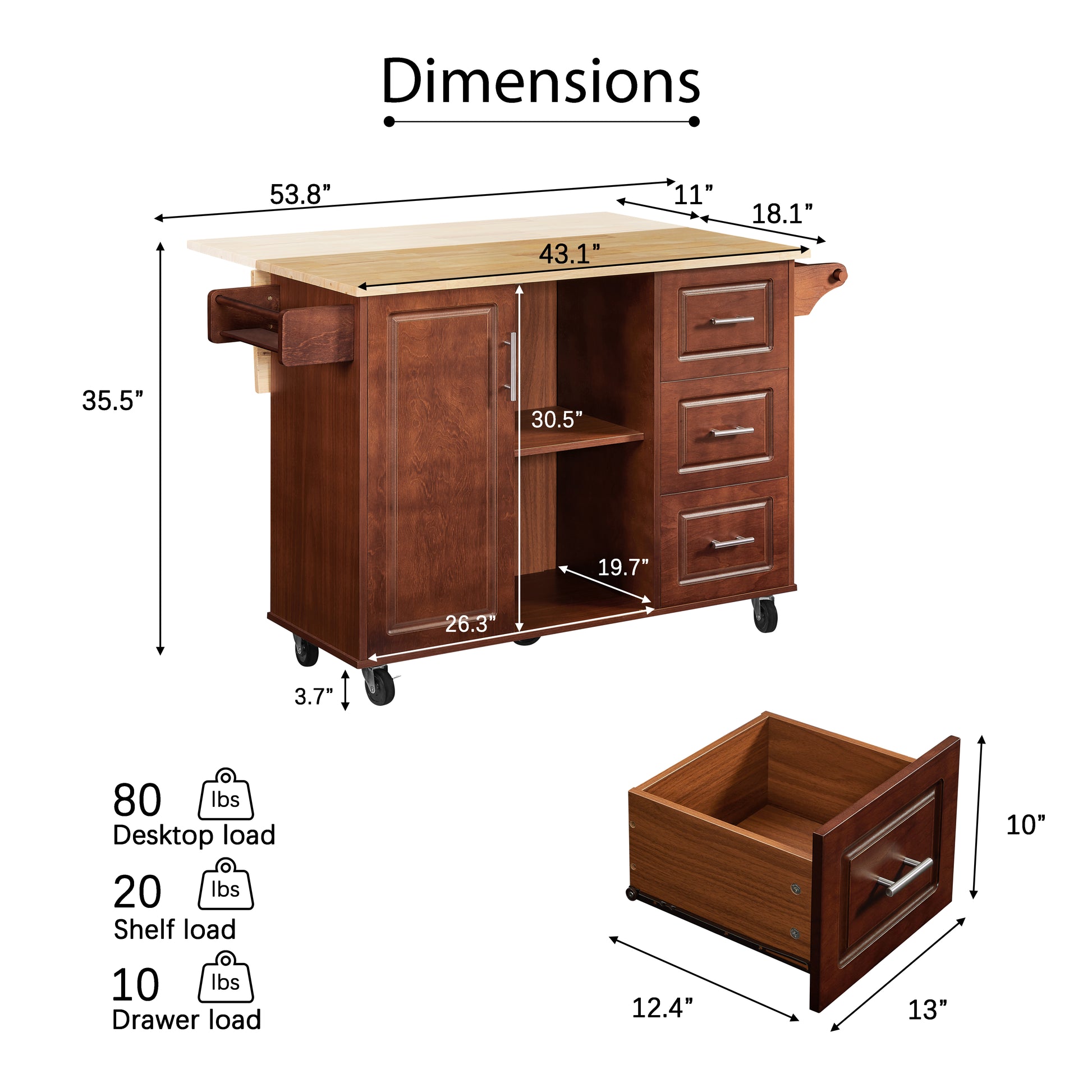 Mobile Kitchen Island Cart With 3 Drawers Brown Particle Board