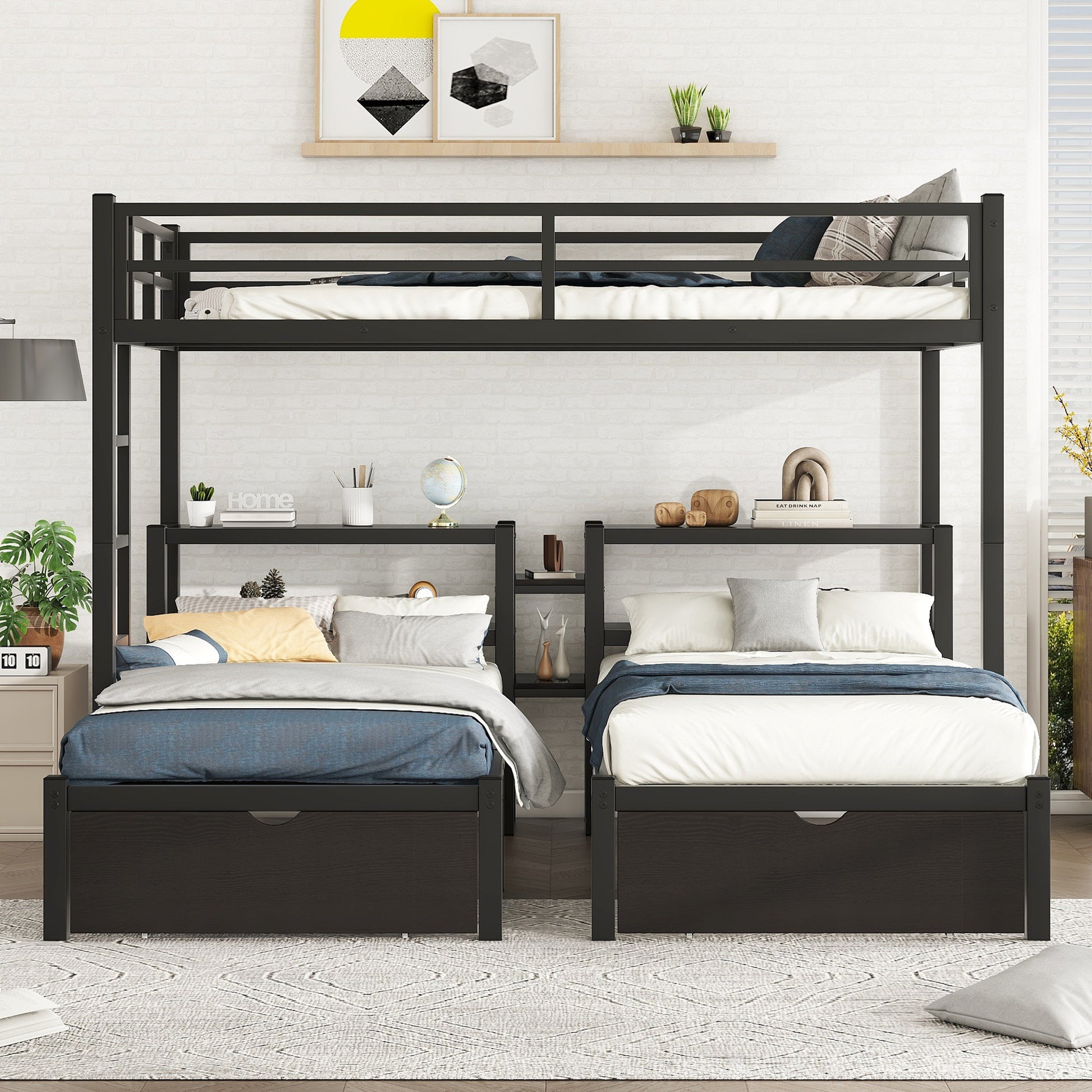 Full Xl Over Twin & Twin Triple Bunk Bed With Drawers,Multi Functional Metal Frame Bed, Bed Head With Shelving, Black Full Xl Black Metal