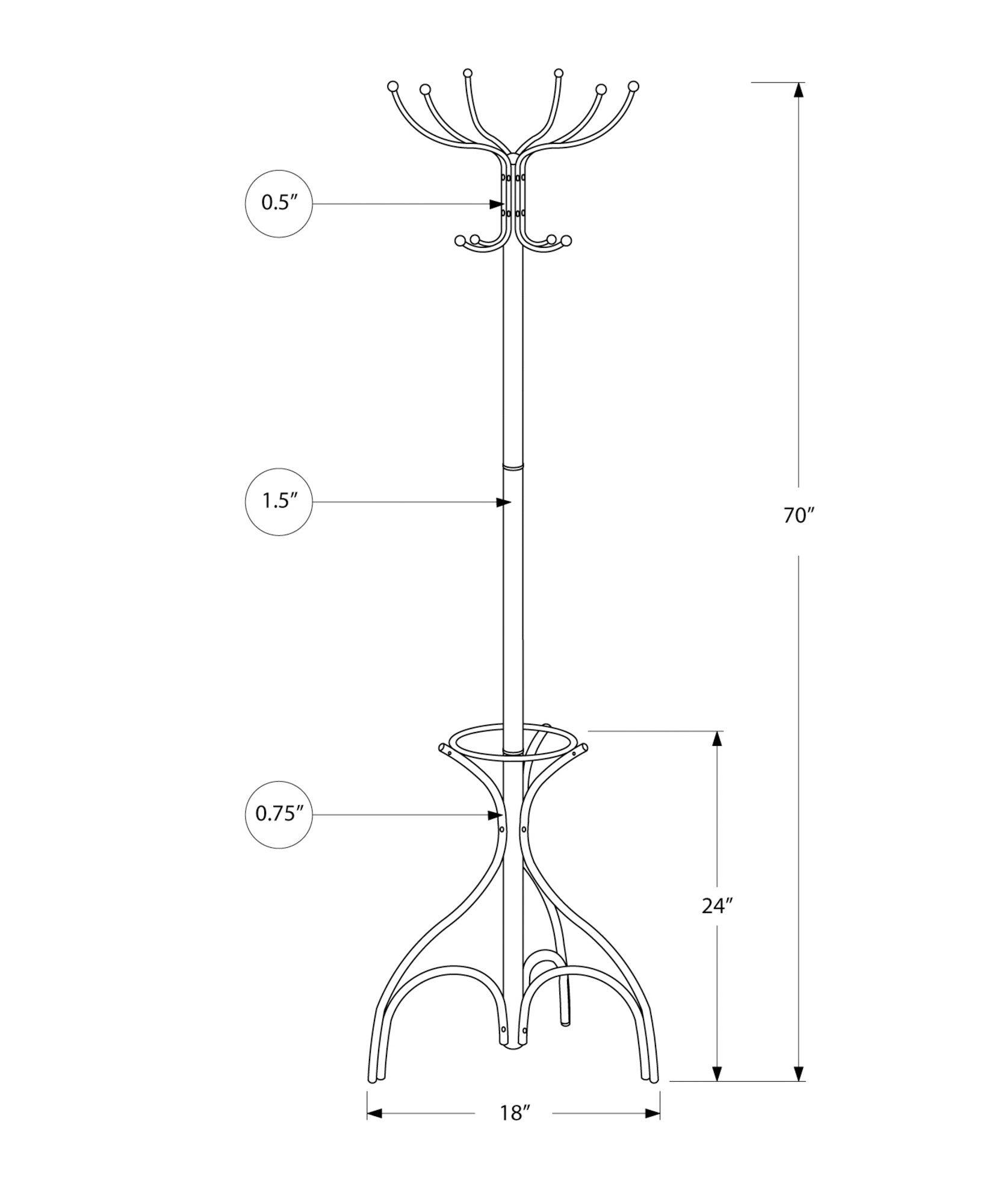 Coat Rack, Hall Tree, Free Standing, 12 Hooks, Entryway, 70"H, Umbrella Holder, Bedroom, White Metal, Contemporary, Modern White Metal