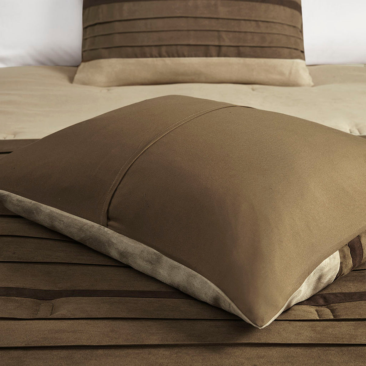 7 Pc Pieced Faux Suede Comforter Set Natural King King Natural Polyester