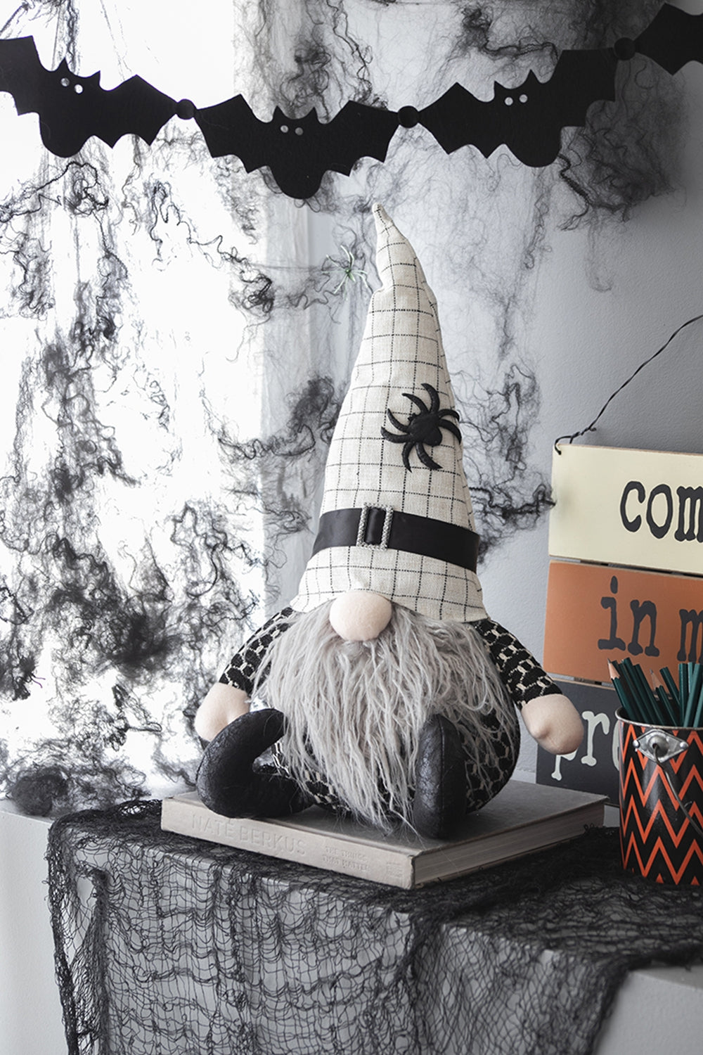 10.2X5.5X23.5" Fabric Sitting Gnome With White Hat Spider, For Halloween Decor Black White Polyester