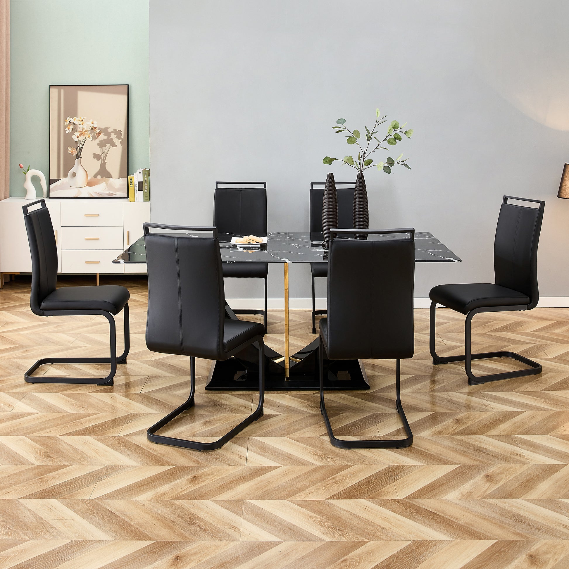 Table And Chair Set, Modern Dining Table, Patterned Table Top And Black Mdf Table Legs, Soft And Comfortable Dining Chair, Perfect For Dinner, Meetings, Home And Office Decor Black Mdf Glass