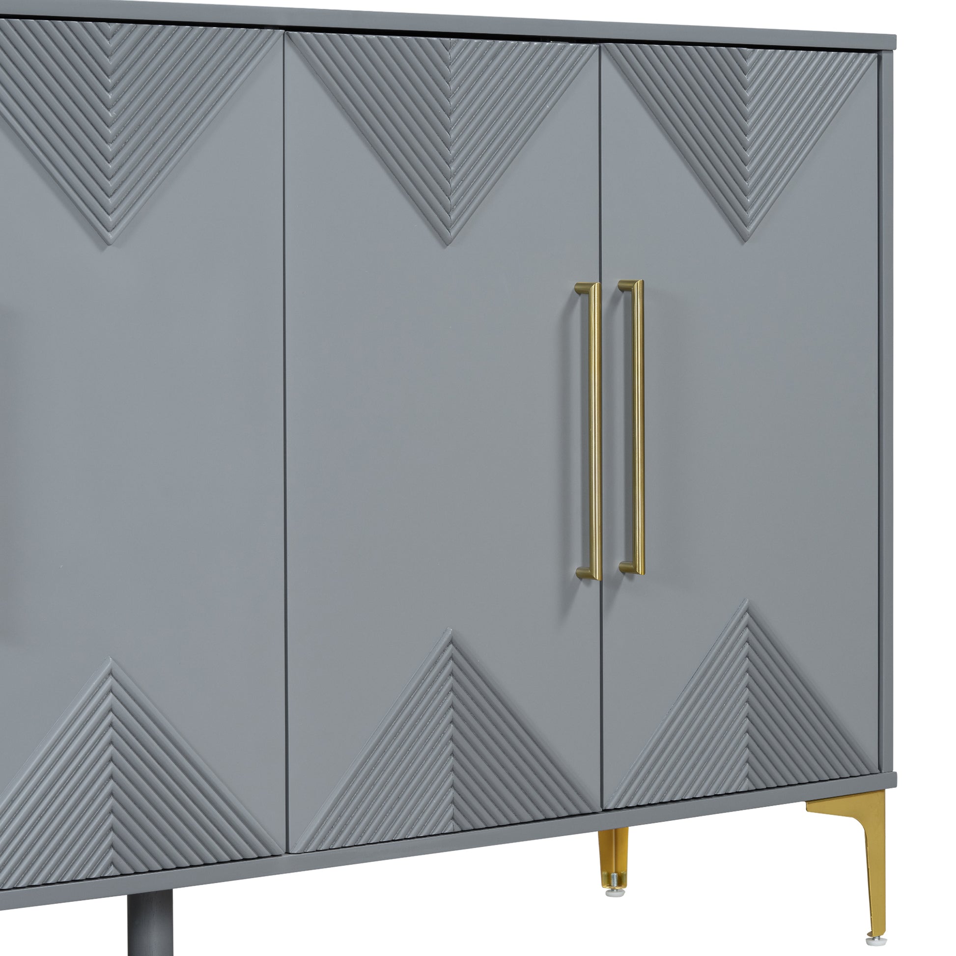 Unique Features Of A Four Door Cabinet With Two Tone Triangular Pattern Doors, Suitable For Entryway, Hallway, Living Room 3 4 Spaces Grey Primary Living Space Adjustable Shelves Artsy,Contemporary Mdf