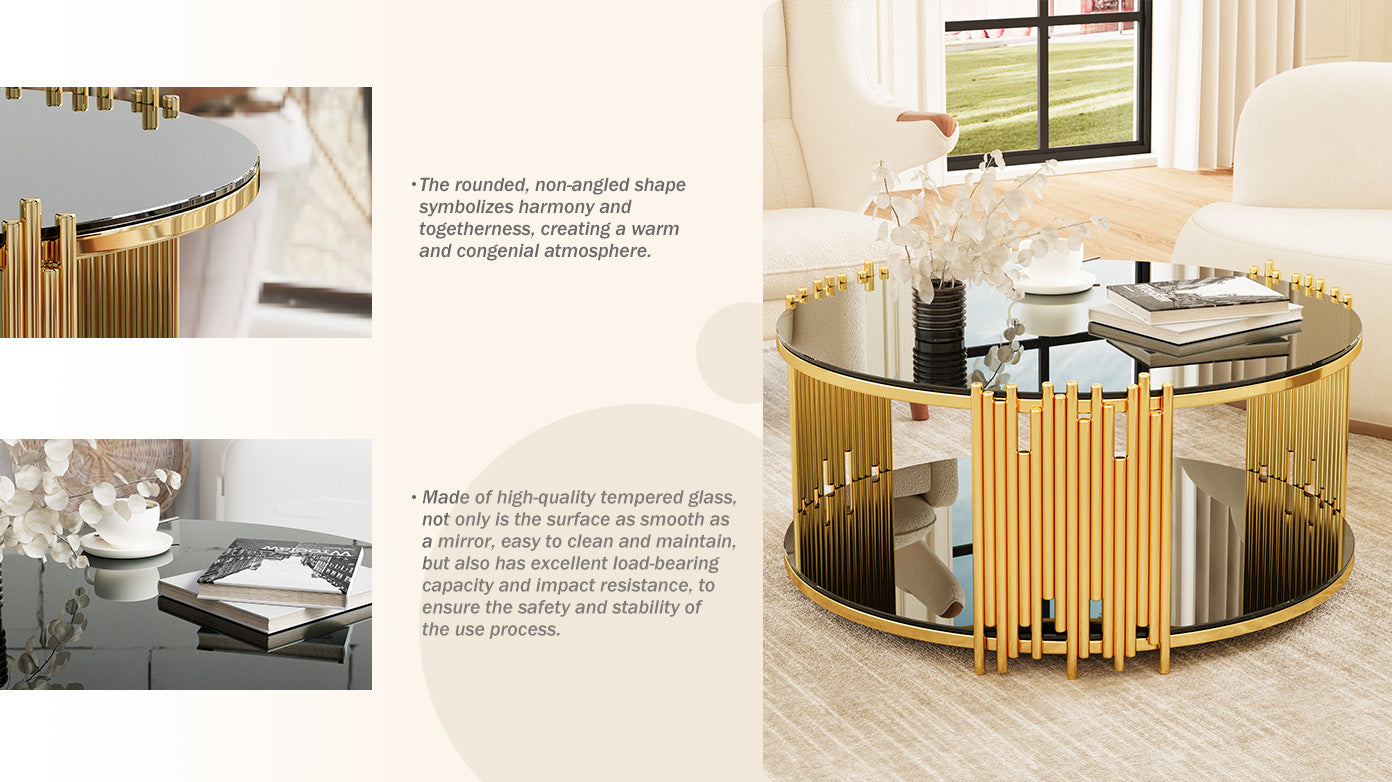 Modern Minimalist Light Luxury Style Stainless Steel Circular Coffee Table, Black Tempered Glass Countertop, Living Room Coffee Table Black Glass,Stainless Steel