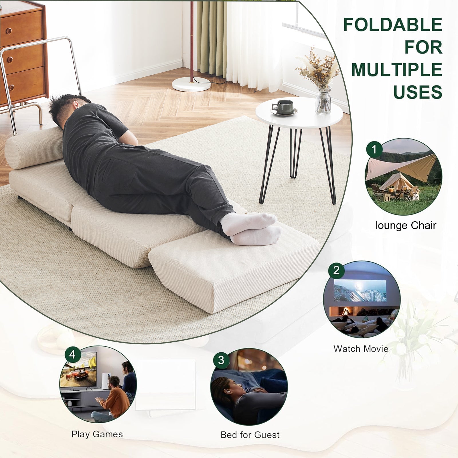 Single Sofa Chair Foldable Single Sofa Bed With Pillow,Portable Foldable Sofa Bed,Leisure Sofa Chair,Easy To Store,Made Ofand Wearable Linen Cream White Cream White Primary Living Space Modern Foam Linen