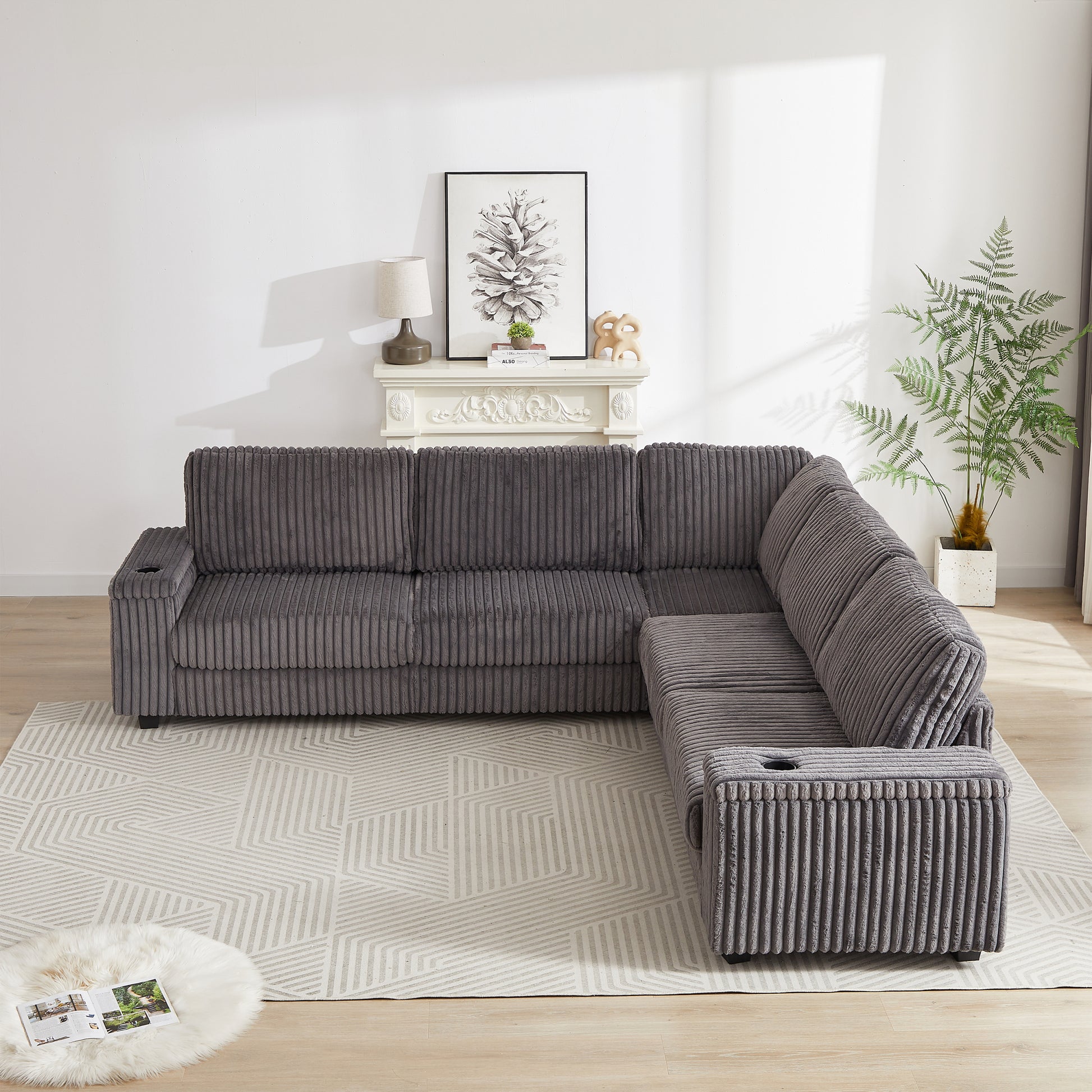 110 Inch Oversized Corduroy Corner Sofa,L Shaped Corner Couch With Two Storage Spaces,Usb Port & T Pyce Port And Cup Holderdeep Seat Comfy Upholstered Couches For Living Room Not Freely Combinable Dark Grey Corduroy 5 Seat