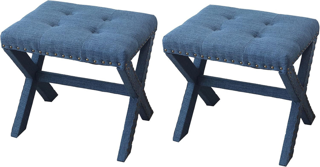 Set Of 2 Silver Modern Chic Vanity Stool Upholstered Chair Soft Linen Fabric Trim Tufted Seat And Solid Wood Frame Blue Blue Vanity Stools Polyester Bedroom Rectangular Blue Traditional Nailheads Wood