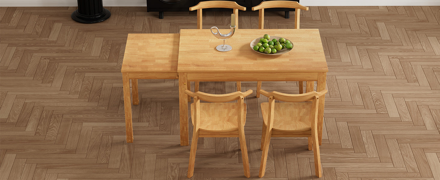 Farmhouse 65" 5 Piece Extendable Dining Table Set With Wheels Kitchen Table Set With 17.7" Pull Out Side Table And Dining Chairs For Small Places, Natural Wood Wood Natural Solid Back Wood Dining Room Solid Wood Rubberwood Rectangular Rectangular Dining