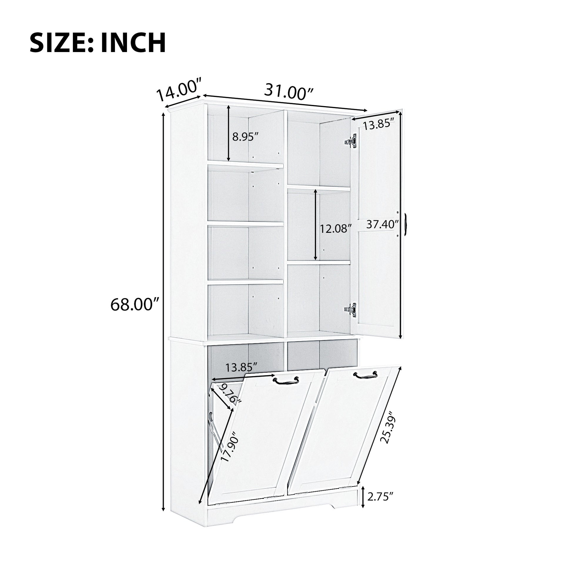 Bathroom Storage Cabinet With Doors And Drawers, Tilt Out Laundry Hamper, Multiple Storage Space, Freestanding Style, Open Shelve, Adjustable Shelf, White White Mdf